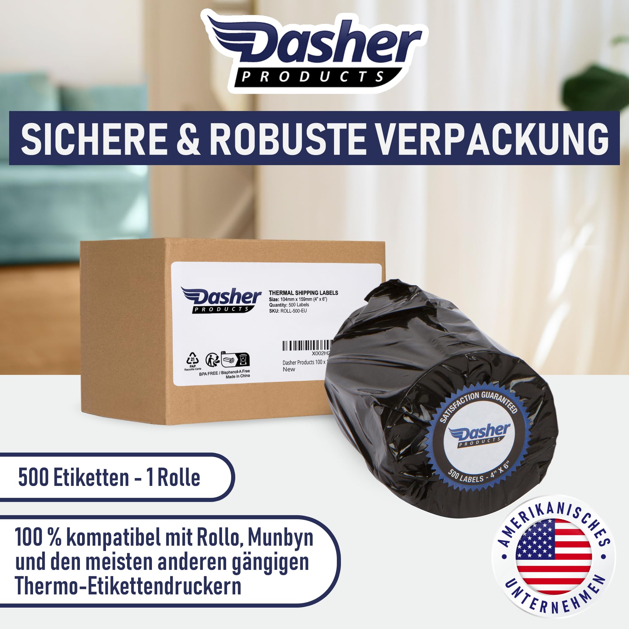 100 x 150 mm (4x6) Thermo-Versandetiketten auf Rolle, 500 Etiketten, Thermodirekt selbstklebend für DHL UPS, perforiert, kompatibel mit Rollo Zebra MUNBYN Polono & den meisten 4x6 Etikettendruckern
