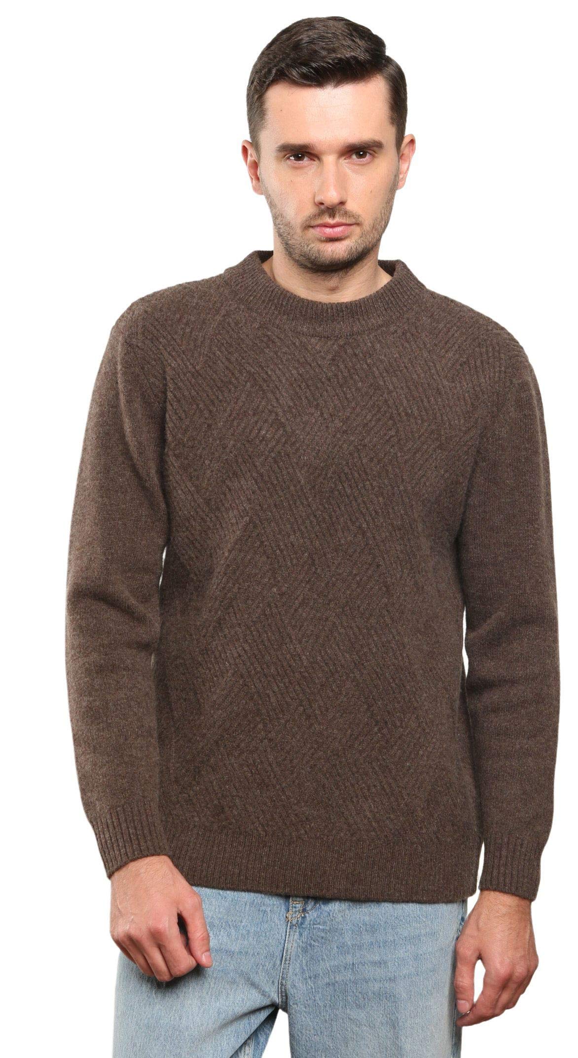 Jersey 100% Merino para Hombre Suéter de Punto Trenzado con Cuello Redondo y Manga Larga Casual Lana de Invierno
