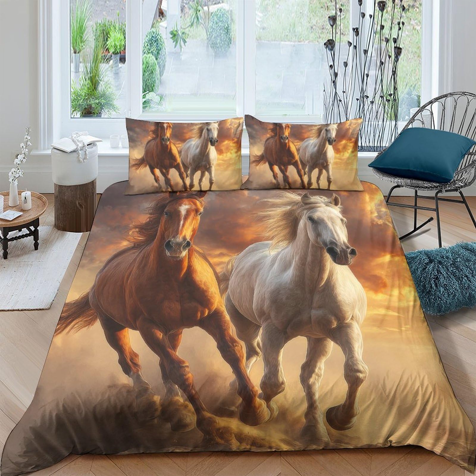 Ctjqhvkz Style-1 3D Printed Wild Horse Fitted Sheet Microfiber Soft Beige Brown Sunset Bed Sheet For Bedroom Dorm Decor Protection Single（135X200cm）