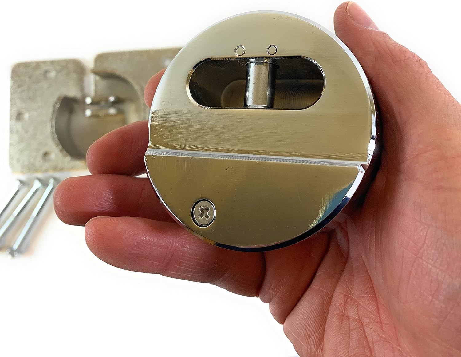 Puck Lock with Hasp and Mounting Hardware, Round Padlock, Bolt on Security. Steel