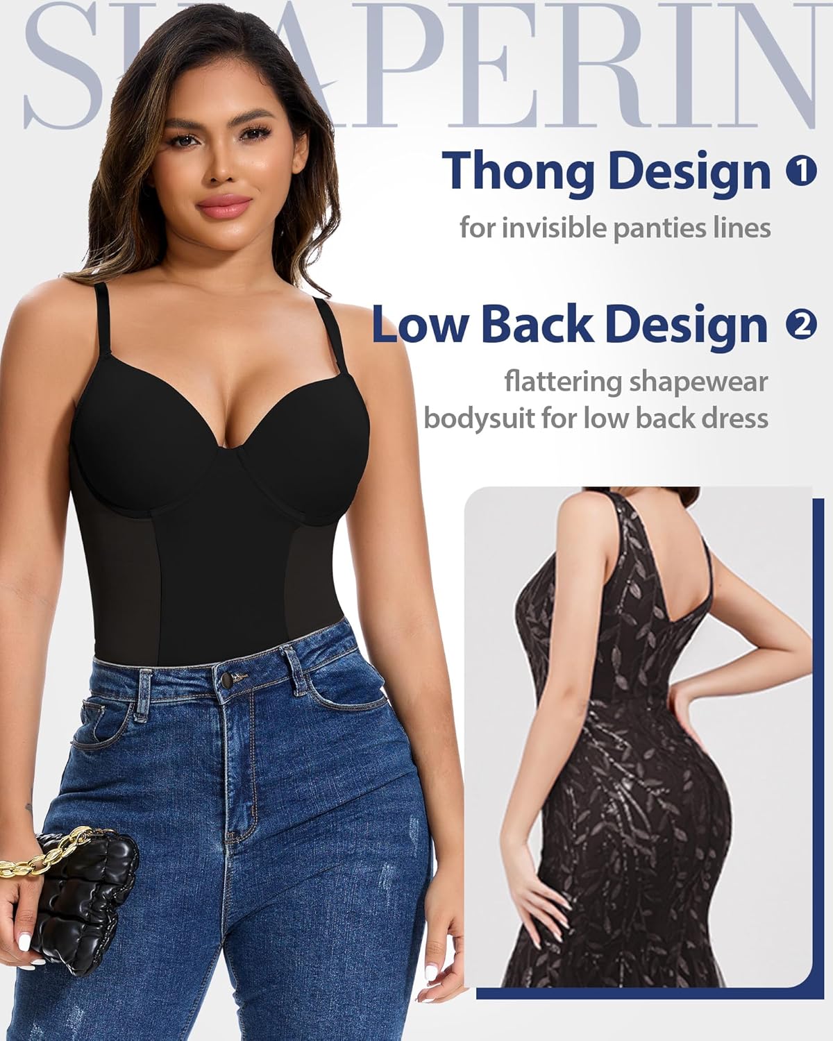 SHAPERIN Shapewear Bodysuit for Women Built in Bra Tummy Control Body Suit Backless Thong Low Back Body Shaper - Image 5