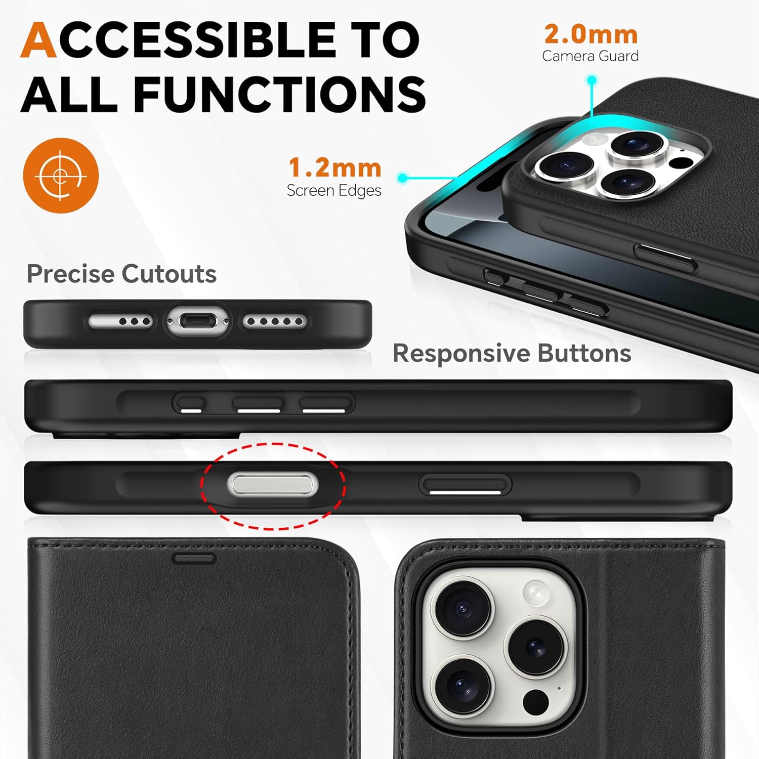 TUCCH Case Wallet for iPhone 16 Pro, [Detachable] Kickstand RFID Blocking 4 Card Slot Shockproof Wireless Charging Case, PU Leather Magnetic Removable Cover Compatible with iPhone 16 Pro, Full Black