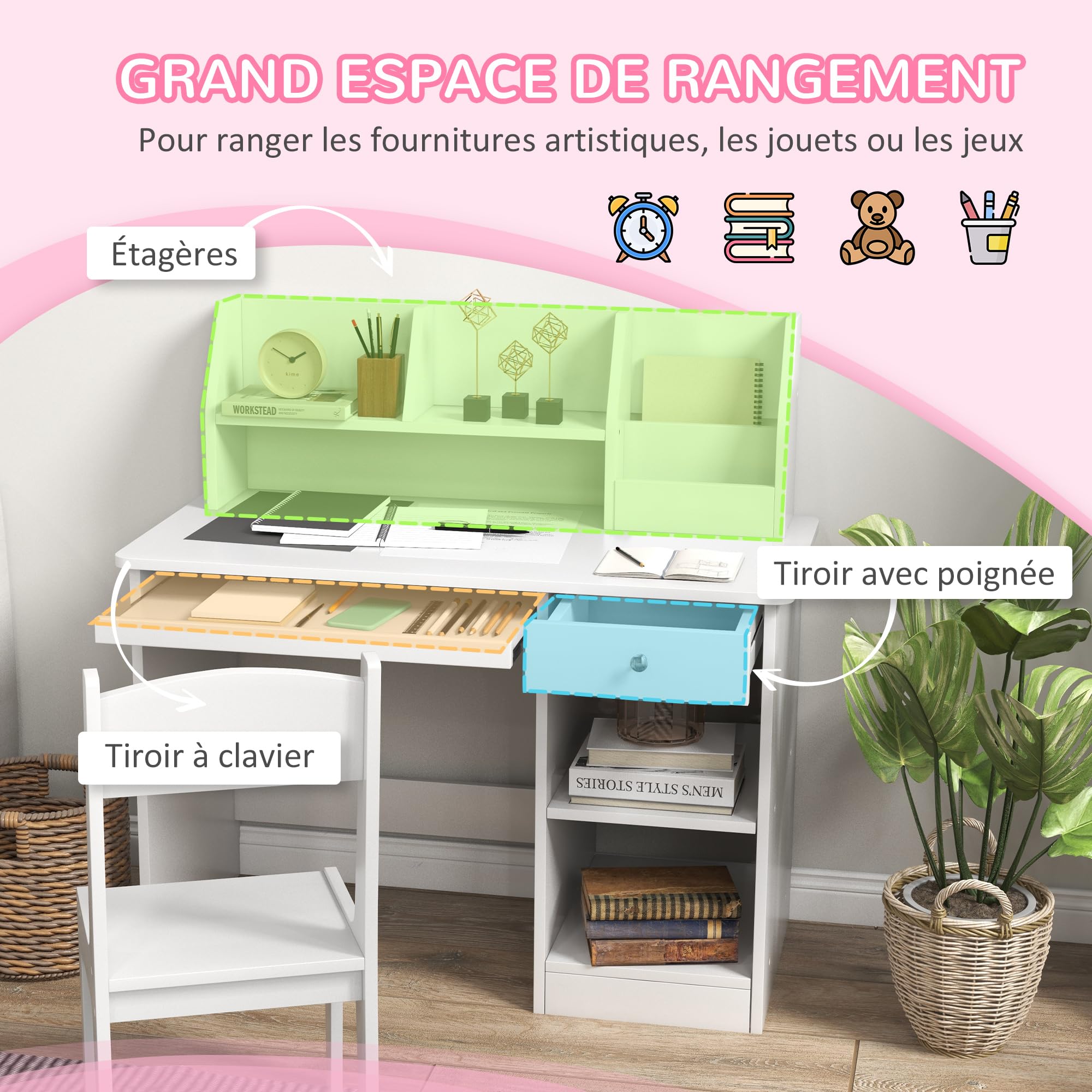 ZONEKIZ Bureau Enfant avec Chaise Ergonomique, Table Enfant et Chaise avec 2 tiroirs, étagères Ouvertes et niches, Table pour l'étude, Le Travail et l'écrire, 90 x 45 x 90 cm, Blanc