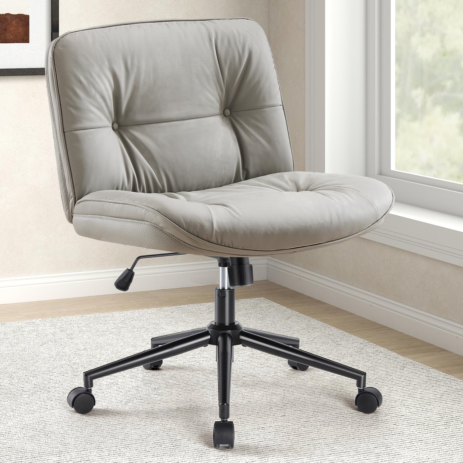 DUMOS Criss Cross Chair with Wheels, Legged Office Armless Wide Seat, Adjustable Swivel Leather Task Vanity Home Office Desk Seating for Bedroom Dorm Student