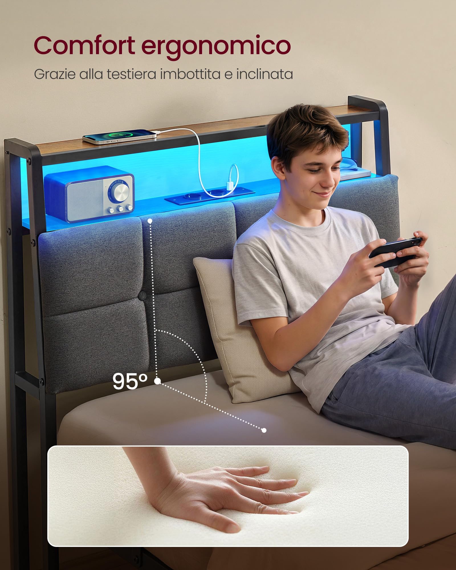 VASAGLE Struttura Letto Singolo in Acciaio, con Luci LED e Prese, 218,3 x 90,5 x 104,5 cm, Nero Opaco, Testiera Imbottita, Spazio Sotto il Letto, Collezione Conner RMB122G101