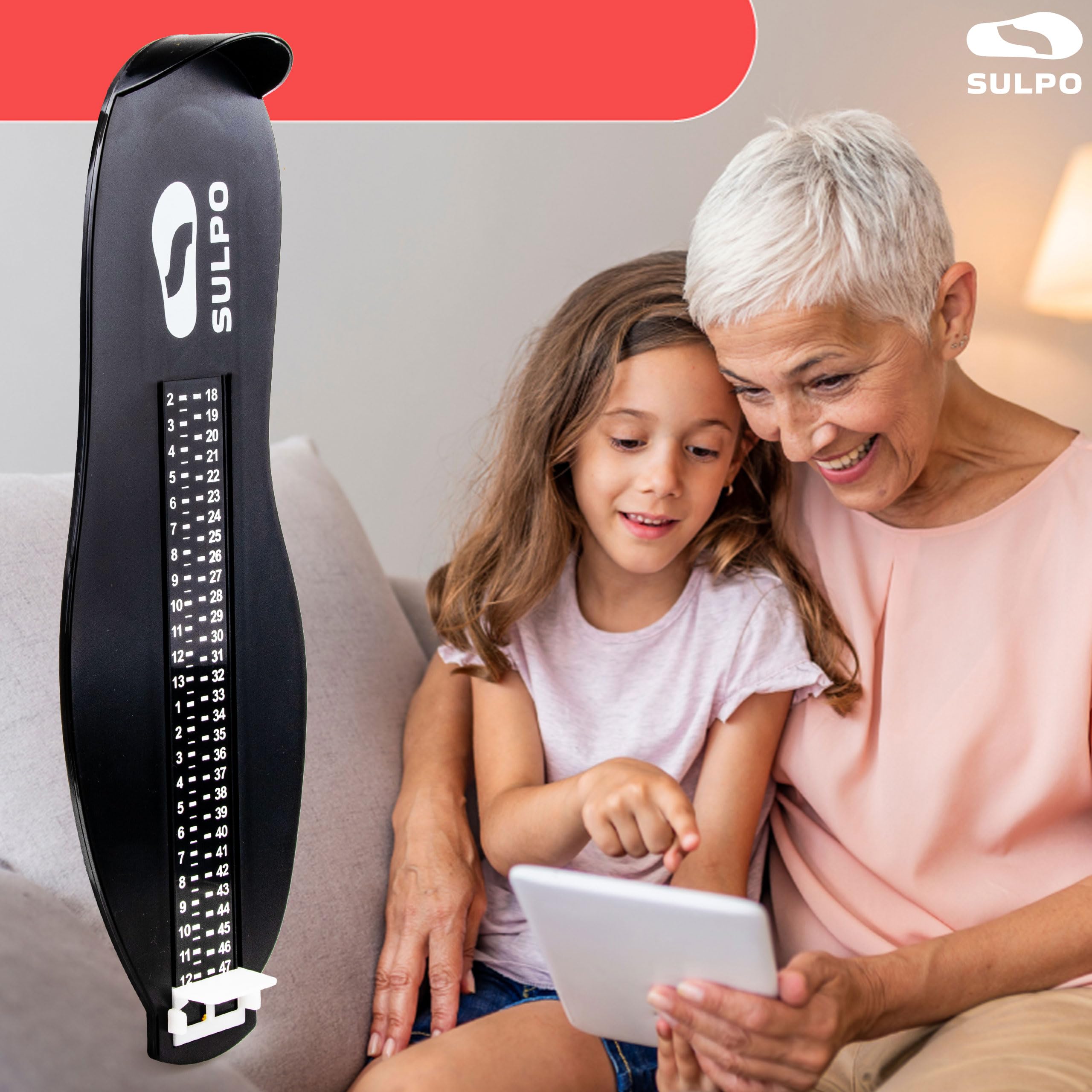 SULPO Pedimetre - Mesureur de chaussures pour enfants - de pieds pour enfants - Appareil de mesure des pieds pour enfants et adultes - Mètre ruban pour enfants - Taille EU 18-47 - Noir