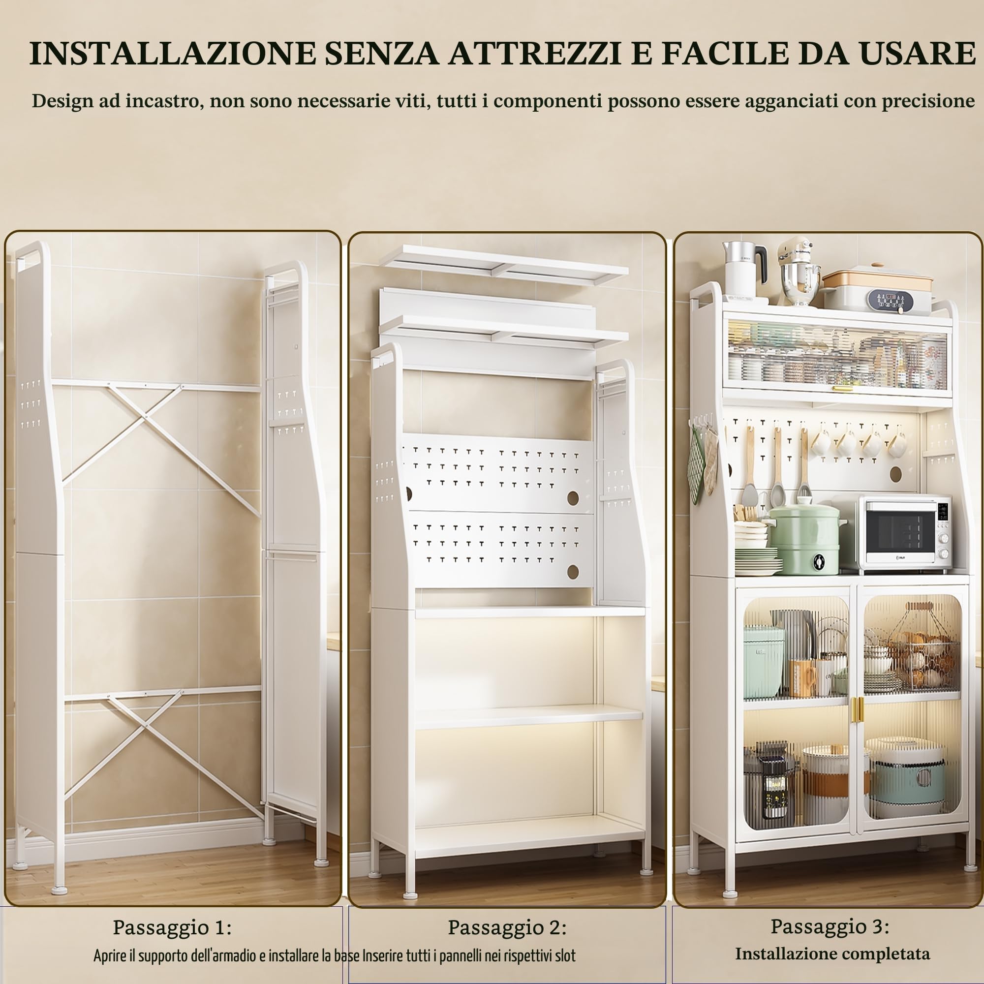 Fiutazge Largo 66 cm Credenza Cucina Alta con Ante in Acrilico,Mobile Cucina con Ripiani Regolabili,Ruote e Foro Passacavi,Credenza Soggiorno Montaggio Senza Attrezzi per Pranzo Ingresso-Bianco