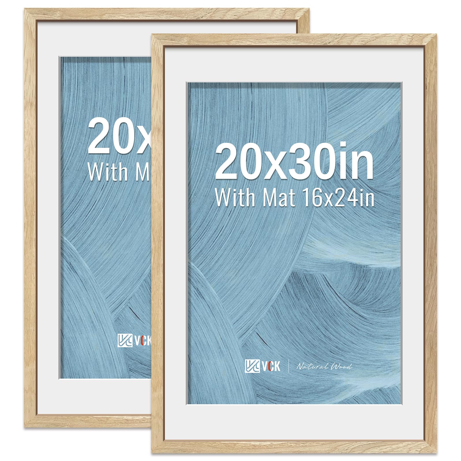 vck 20x30 inches poster frame 2 pack - natural wood grain, high-end wood picture frames with polished plexiglass, display 16x24 photo with mat or 20x30 without mat, art gallery-quality, wall hanging, natural