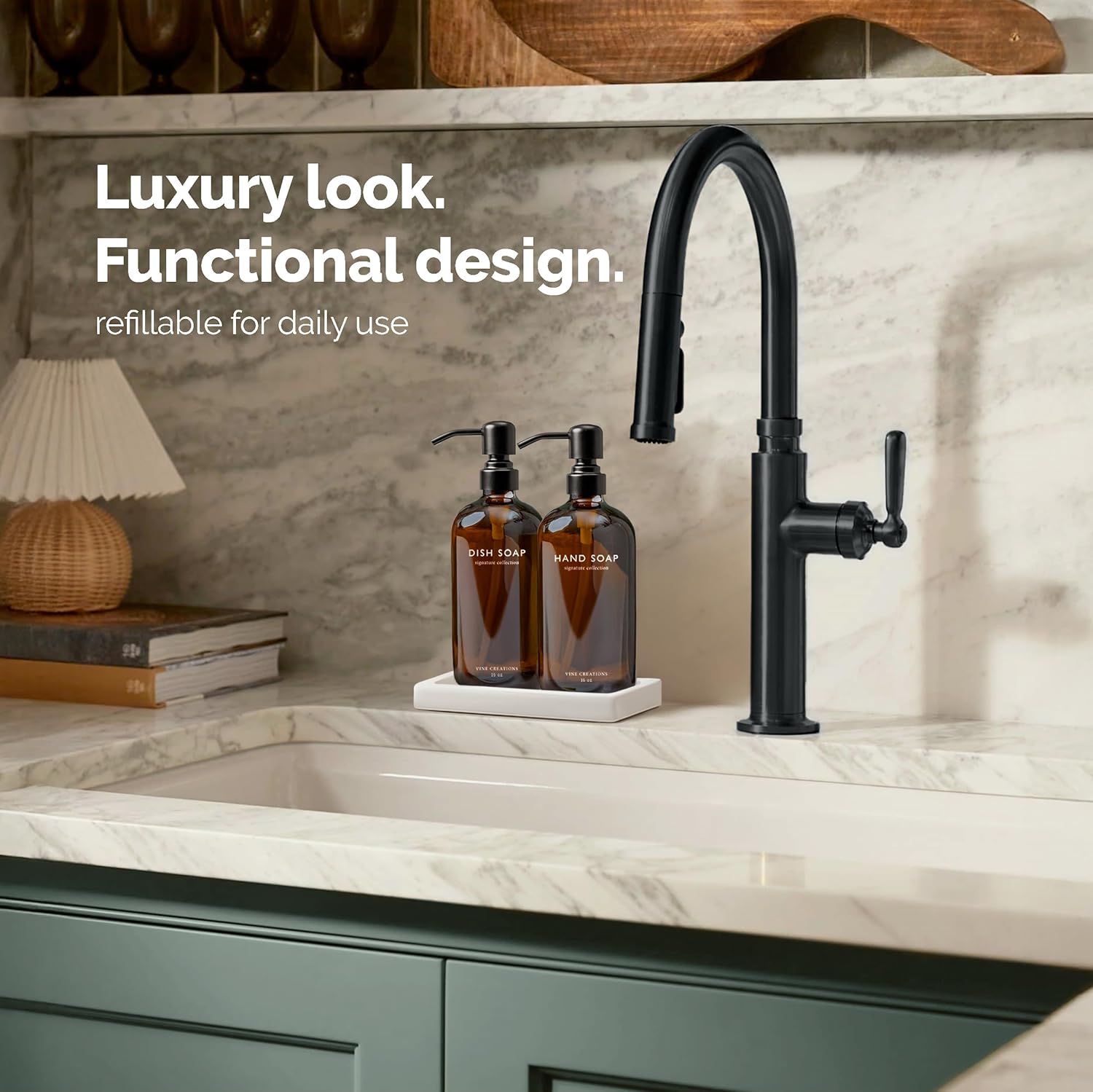 Vine Creations Amber Glass Soap Dispenser Set, Kitchen Soap Dispenser Set with Ceramic Tray, 16 oz Dish Soap and Hand Soap Dispensers with Stainless Steel Pump Decor (Amber Bottle/Matte Black) - Image 3