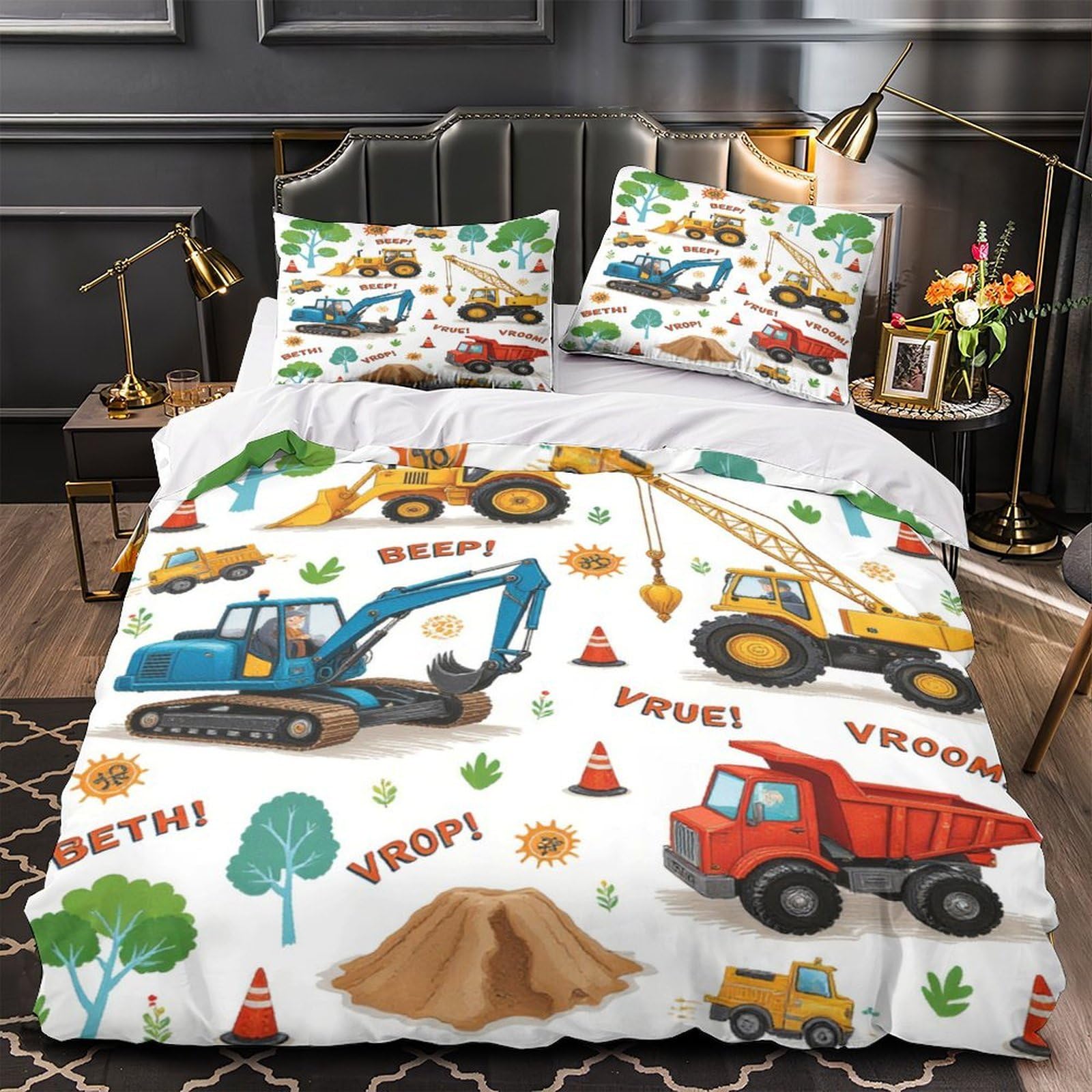 Parure de couette véhicules de chantier en microfibre pour décorer la chambre des enfants et adultes