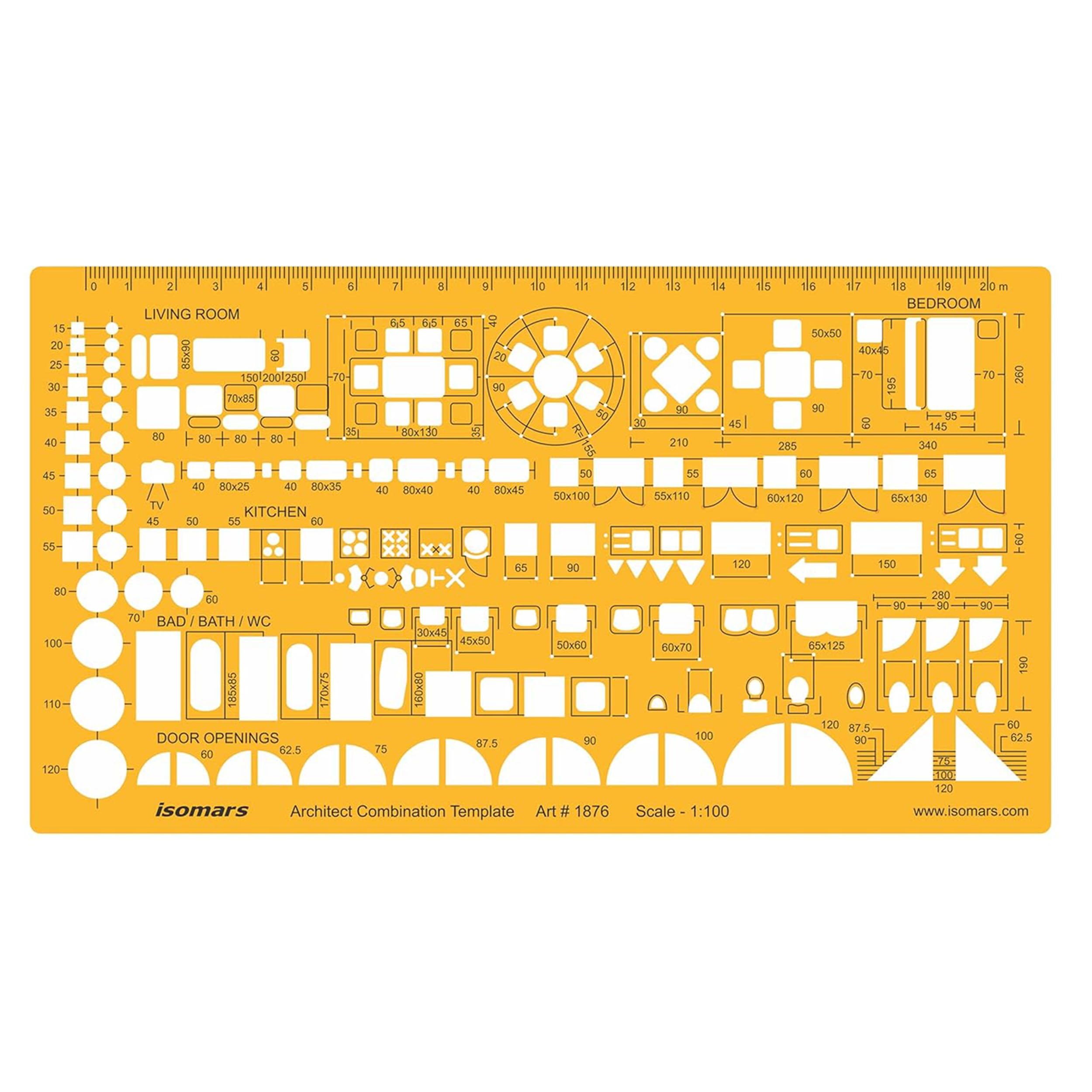 Isomars Architectural Combination Template 1:100 Scale, Architect Furniture Floor Plan Stencil with Living Room, Bedroom, Kitchen, Bath Symbols, Door Openings & Measuring Scale for Blueprint Drafting-image-29