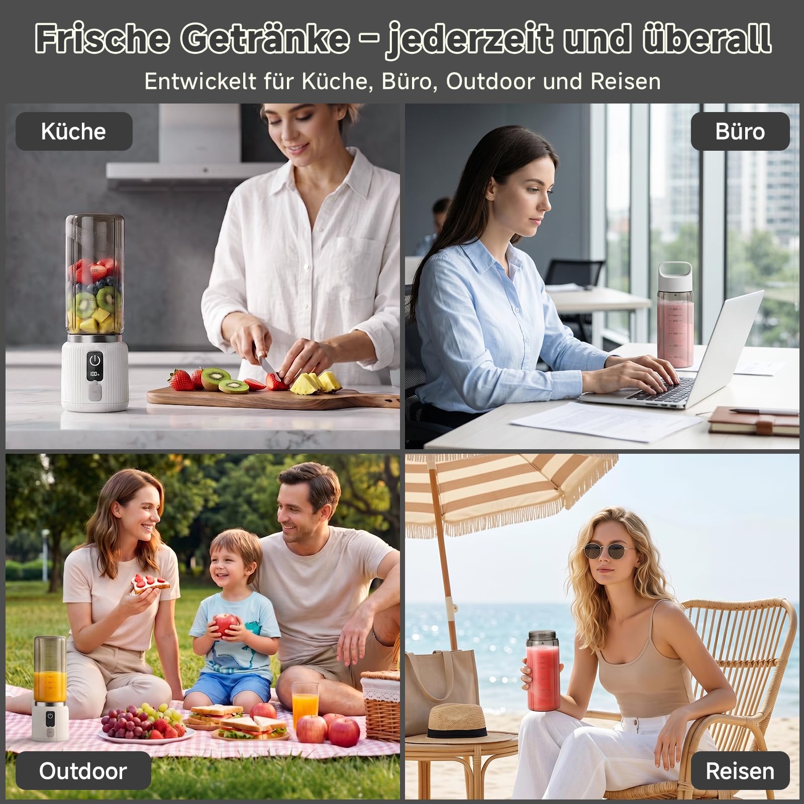 COKUNST Tragbarer Mixer mit LED Anzeige, Deckel, 22000 U/min, 500 ml, Weiß | kleiner Smoothie & Shake Maker mit 8 Klingen, USB-C aufladbarer Mini Personal Blender für unterwegs, Fitnessstudio, Reisen