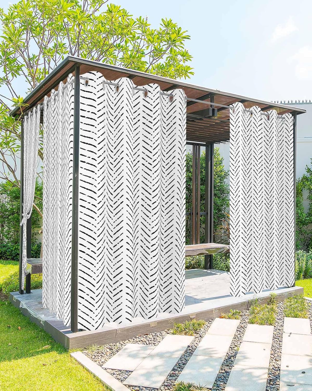 Outdoor Curtains Black Stripes Waterproof Curtain for Patio Modern Art Lines Indoor/Outdoor Curtain Light Filtering Grommet Outside Curtains Panels for Patio Gazebo Balcony 54 x 84 Inch Set of 2