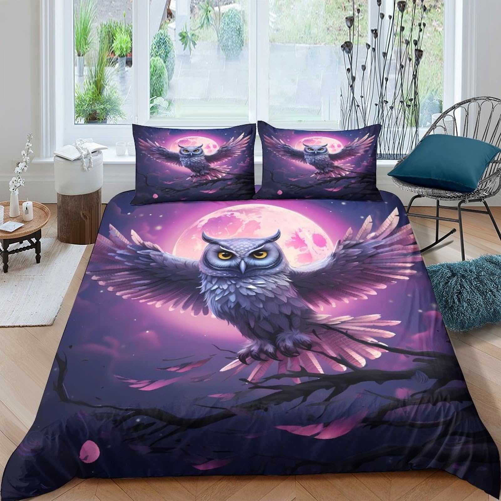Ctjqhvkz Style-4 3D Printed Purple Owl Fitted Sheet Microfiber Soft Breathable Moon Night Mattress Cover For Bedroom Dorm Mattress Protection Decor Single（135X200cm）