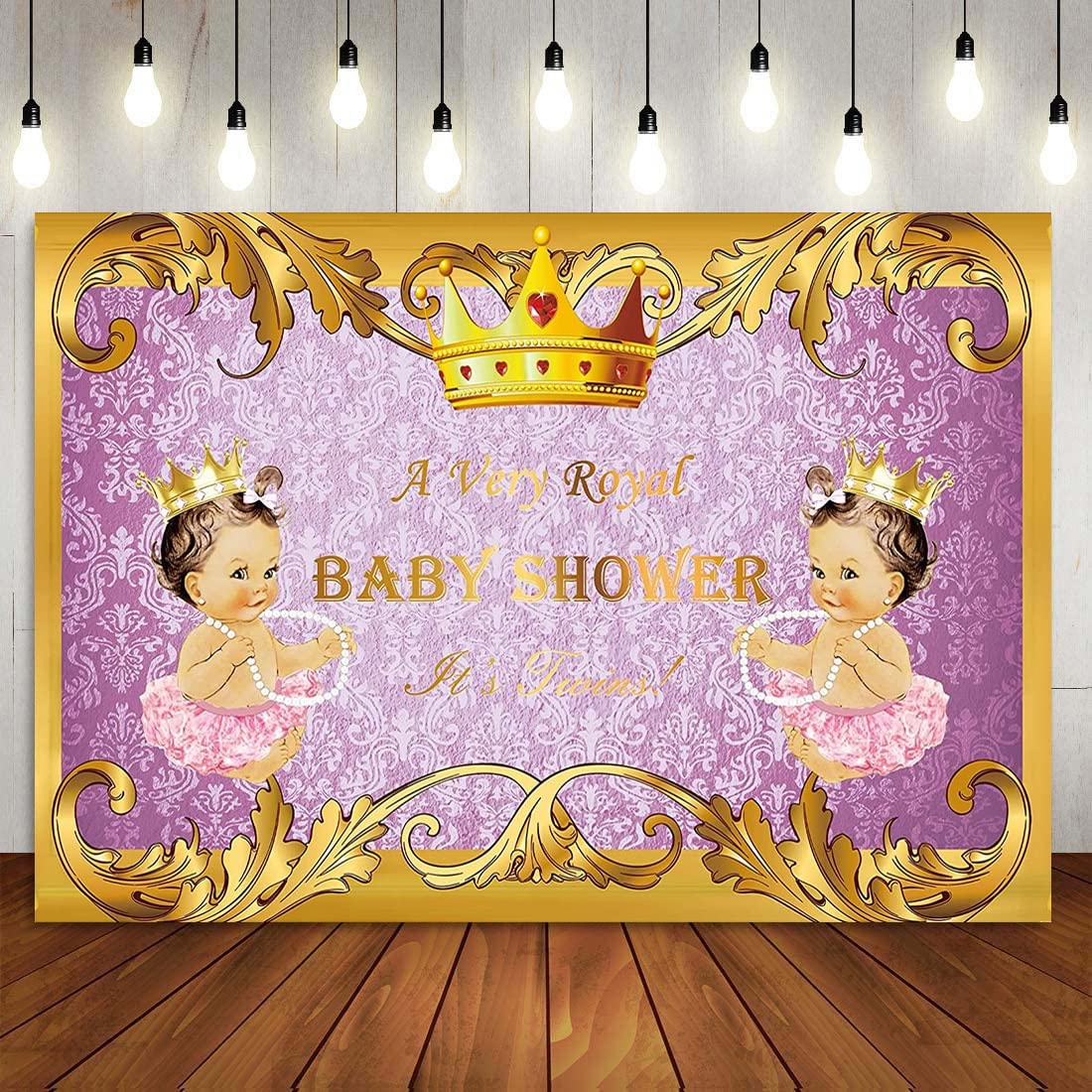 Little Princess White Twins Baby Shower Backdrop Girl Party Banner Decoración Purple Gold Crown Pography Fondo Vinilo
