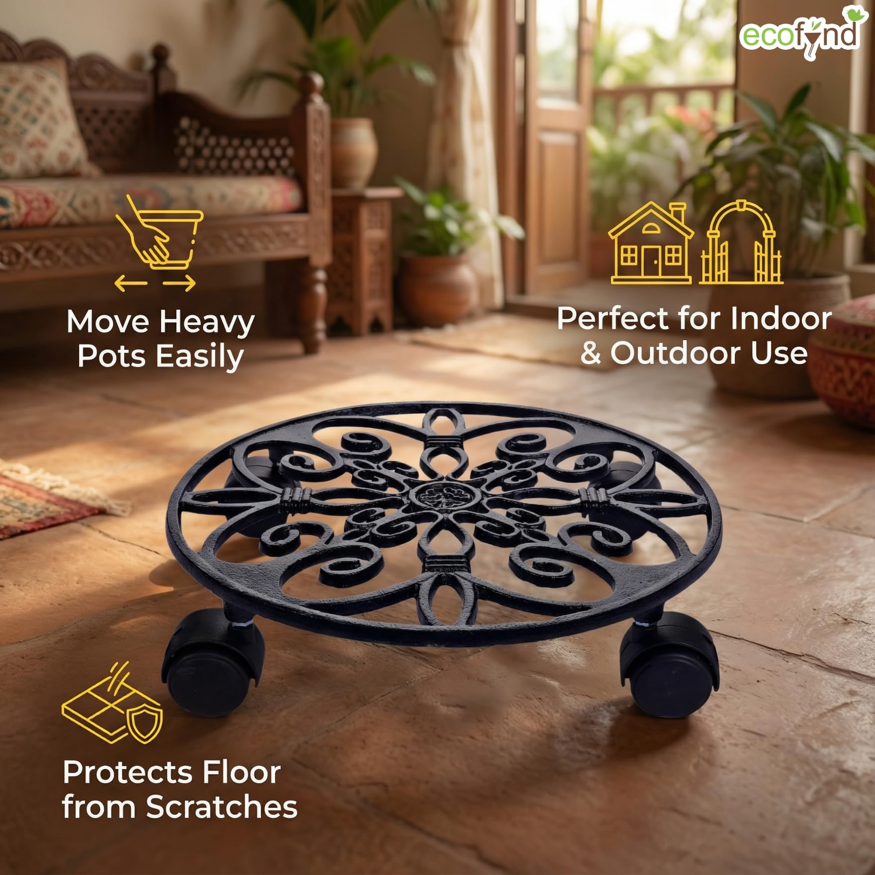 Cast Iron Plant Caddy - Rolling Stand for Pots -4