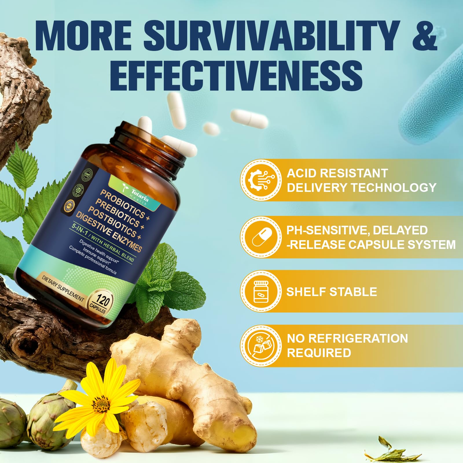 Totaria 5-in-1 Probiotic Prebiotic & Postbiotic for Women Men, 60 Billion CFU 24 Strains w/Digestive Enzymes, Prebiotic Fiber, Slippery Elm, Daily Complete Immune, Gut Health, 120 Day Supply — Amazon image 7