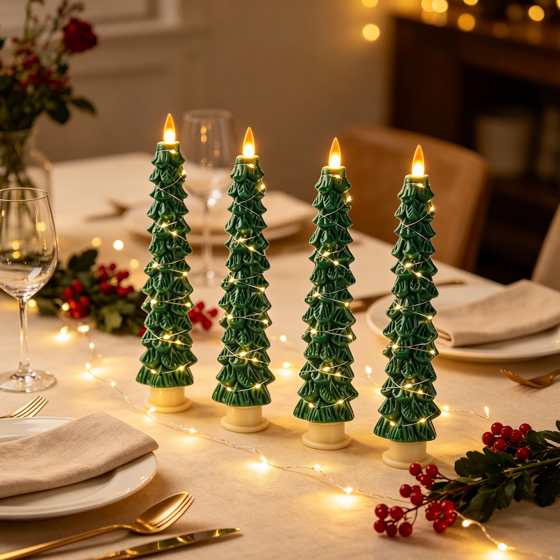 4 Candele LED a Forma di Albero di Natale Verdi, Candele Senza Fiamma con Catena di Rame, Effetto Fiamma Realistico Aggiornato, Funzionanti a Pile con Telecomando per Decorazioni Natalizie e Casa