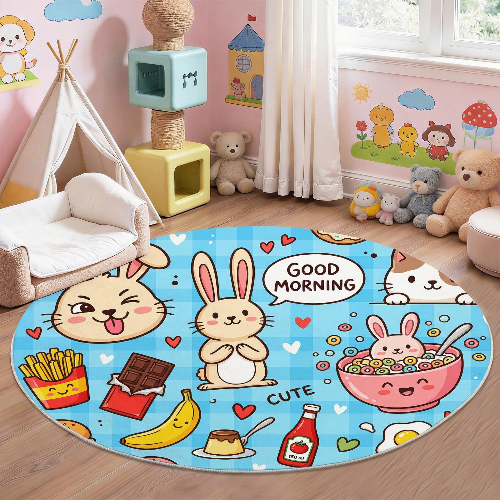 Alfombra redonda redonda de 100 cm con dibujos animados, diseño de dibujos animados, moderna, divertida, lavable, para bebés, niños y niñas, alfombra de suelo, antideslizante, suave, colorida