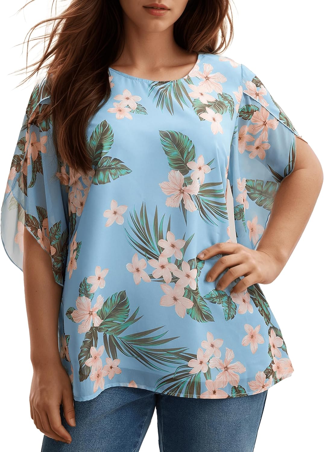 Womens Summer 3/4 Length Sleeve Boho Tops for Women Trendy, Casual Tropical Floral Shirts Blouses Flowy