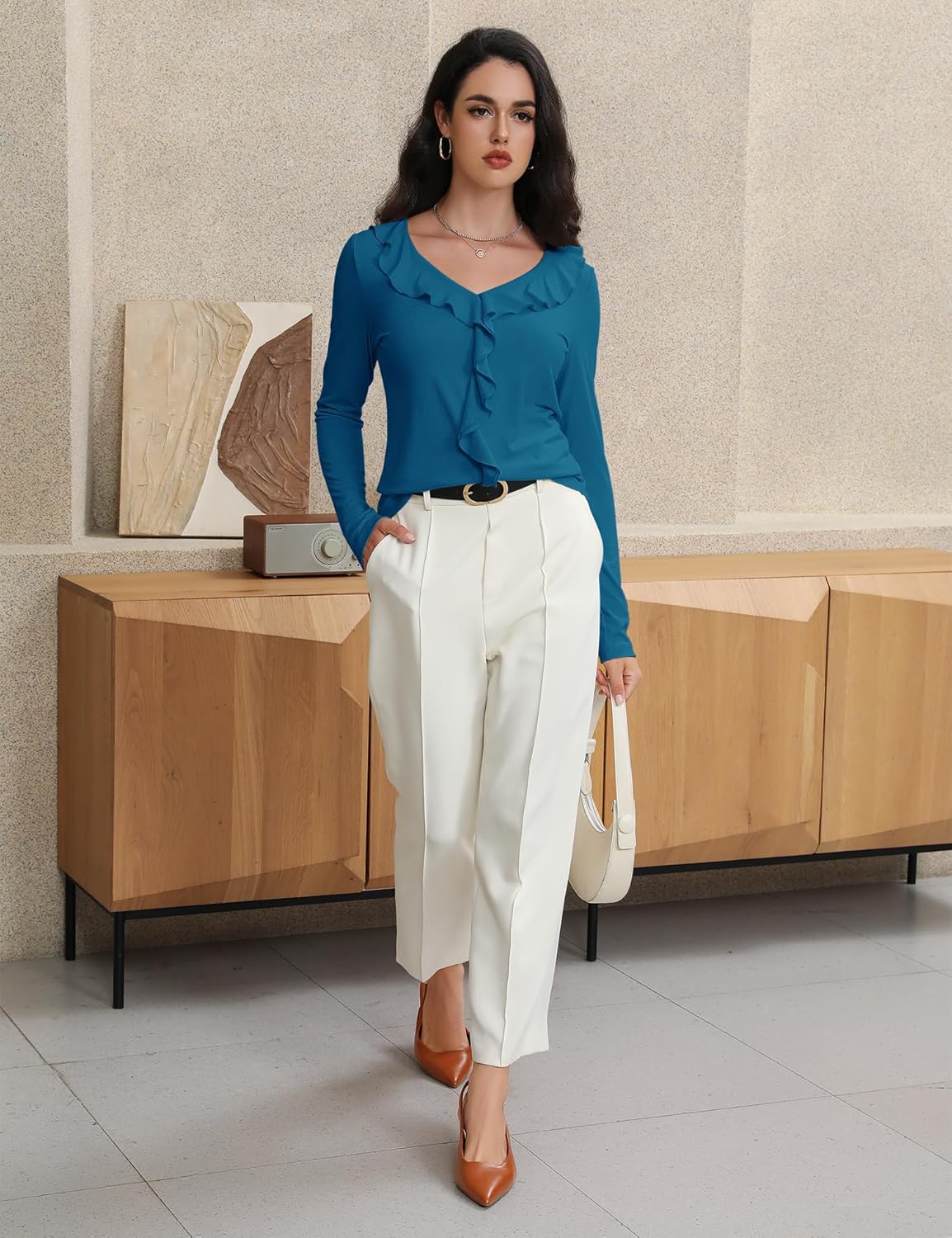 Women's Long Sleeve Shirts Dressy Casual V Neck Ruffle Knit Tunic Tops 2025 Fall Trendy Work Blouse - Image 3