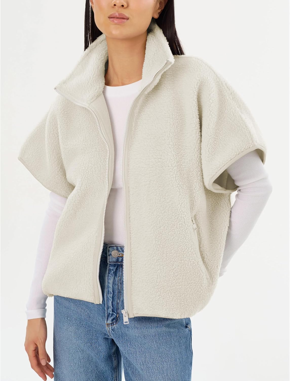 Women's Sherpa Fleece Vest with Batwing Sleeves Leather Trim Stand Collar Zip Up Lightweight Jacket for Winter - Image 2