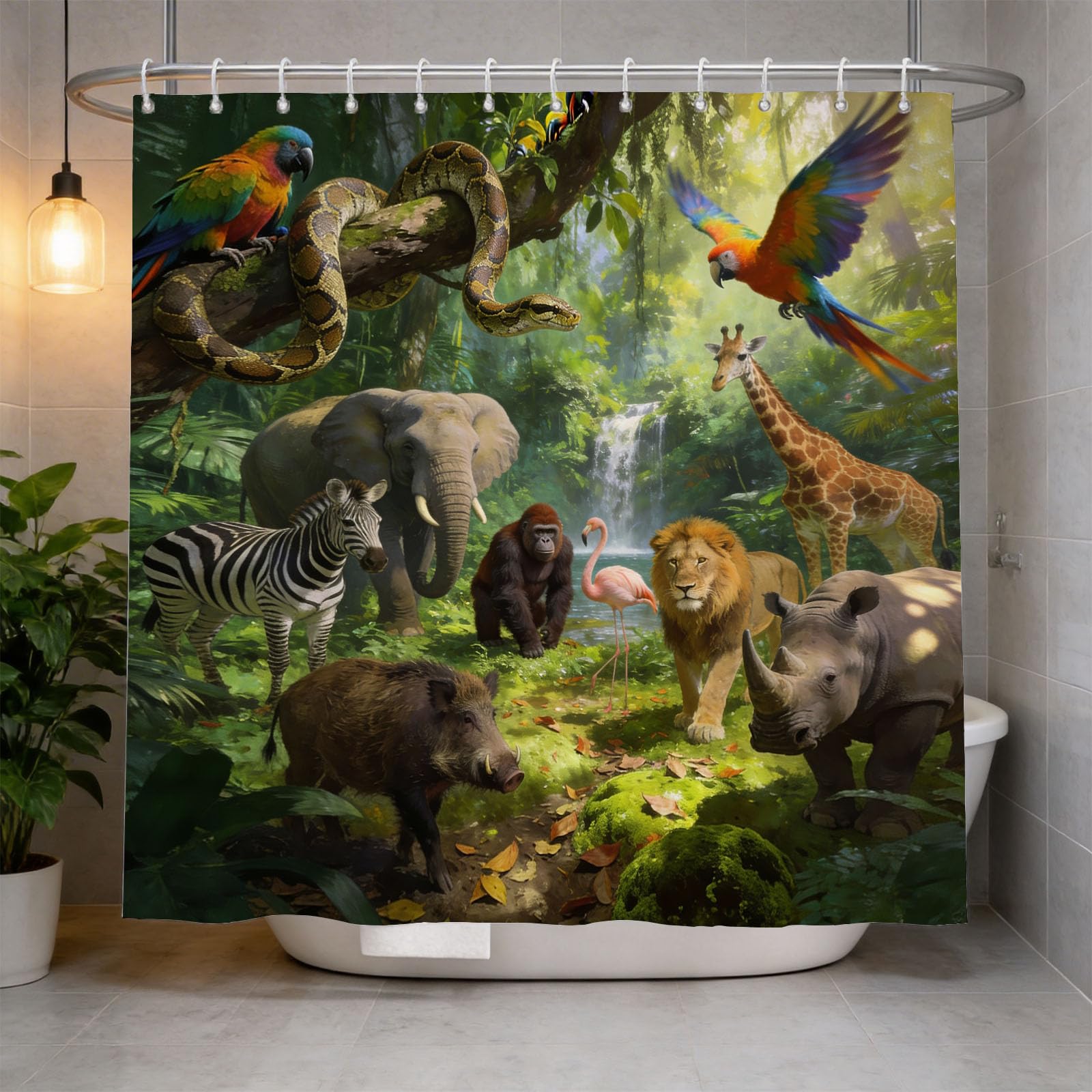 Hongduo 3D Jungle Animals Pattern Shower Curtain for Stalls Bathtubs Woods Animals Bathroom Decor Shower Curtain Set Polyester Fabric Waterproof 200x200cm/79X79 Inch with Hooks