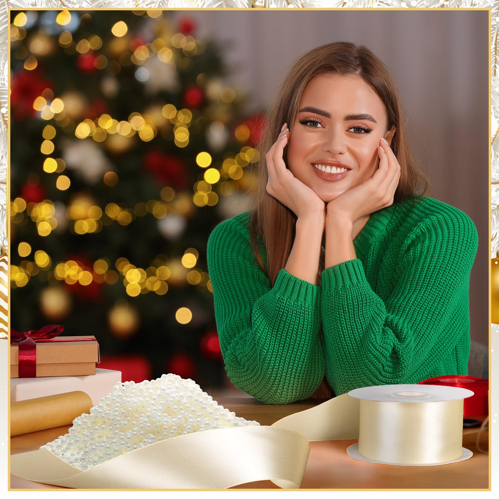 Chuangdi Lot de 2 rubans en satin champagne pour sapin de Noël, 29,9 m, perles blanches, 34,1 m et 5,9 cm pour loisirs créatifs, sapin de Noël, nœud, couronne, emballage cadeau, décoration de fête