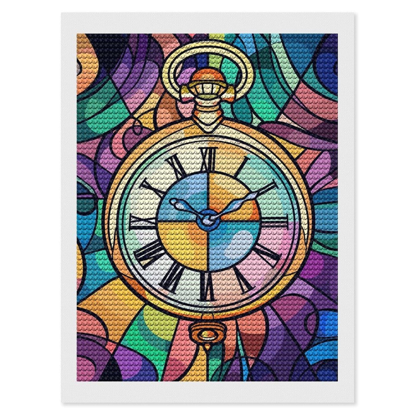 Junmoney Stained Glass Pocket Watch Art Diamond Painting Kit 12"x16", Easy Handmade Project, Cosy Home Accent, for Craft Lovers, Holiday Gift Idea