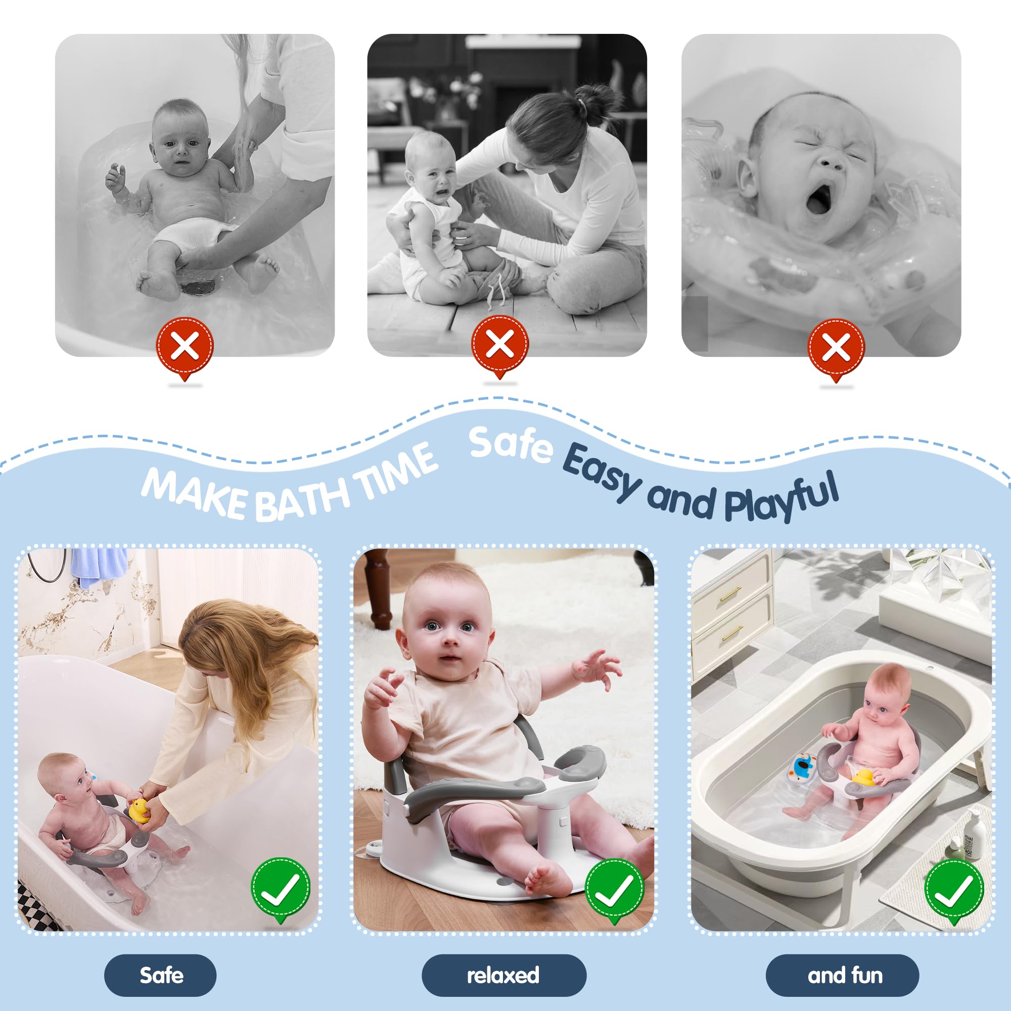 babove Siège de bain pour bébés de 6 mois et plus avec thermomètre autocollant, bouton One-Touch pour une ouverture facile de l'accoudoir, chaise de bain pour bébé (gris)