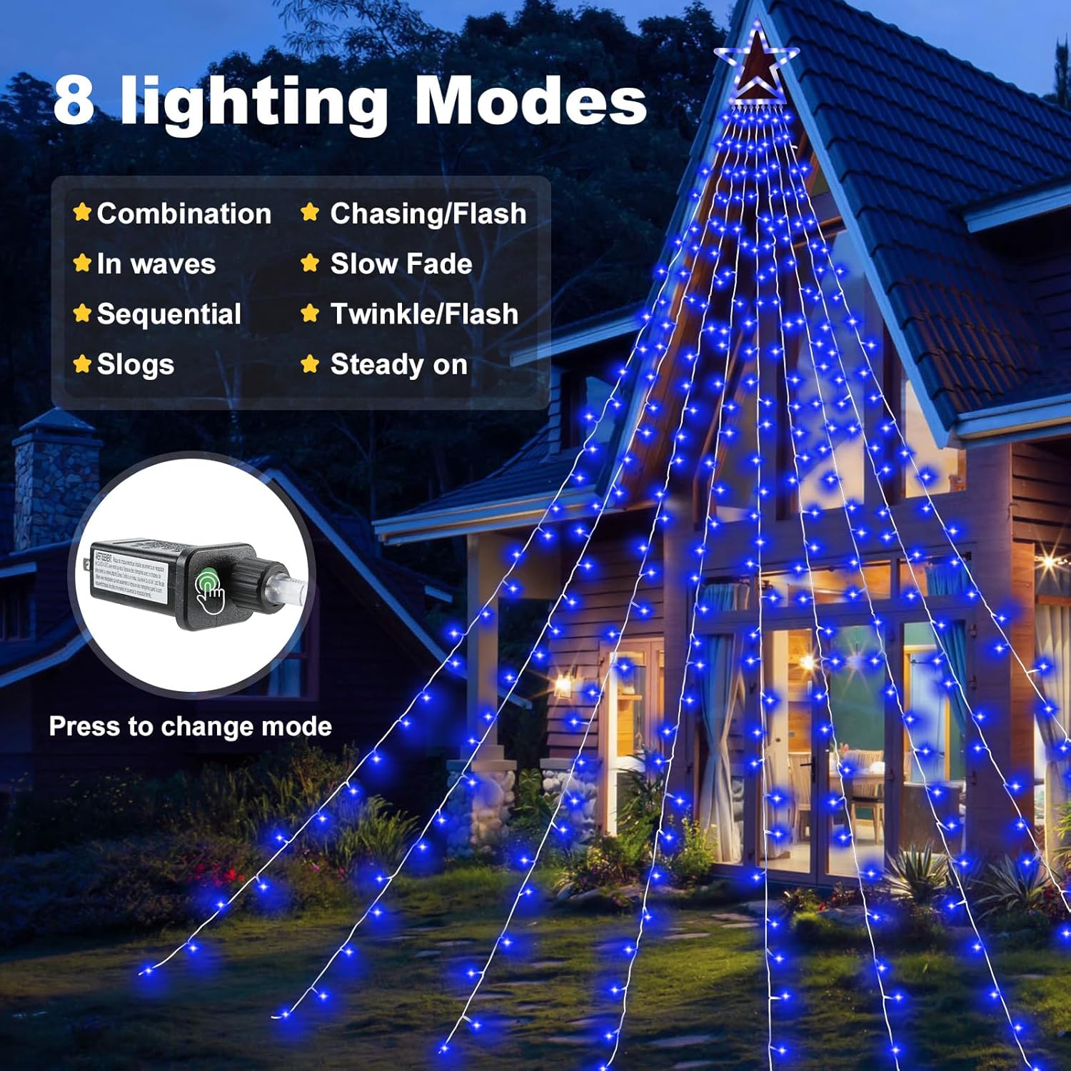 Christmas Decorations Outdoor Lights,11.5 ft 317 LED Star Christmas Tree Lights,8 Memory Lighting Modes&Timer Christmas Star Lights for Yard,Wedding,Party,Christmas Decorations (Blue)