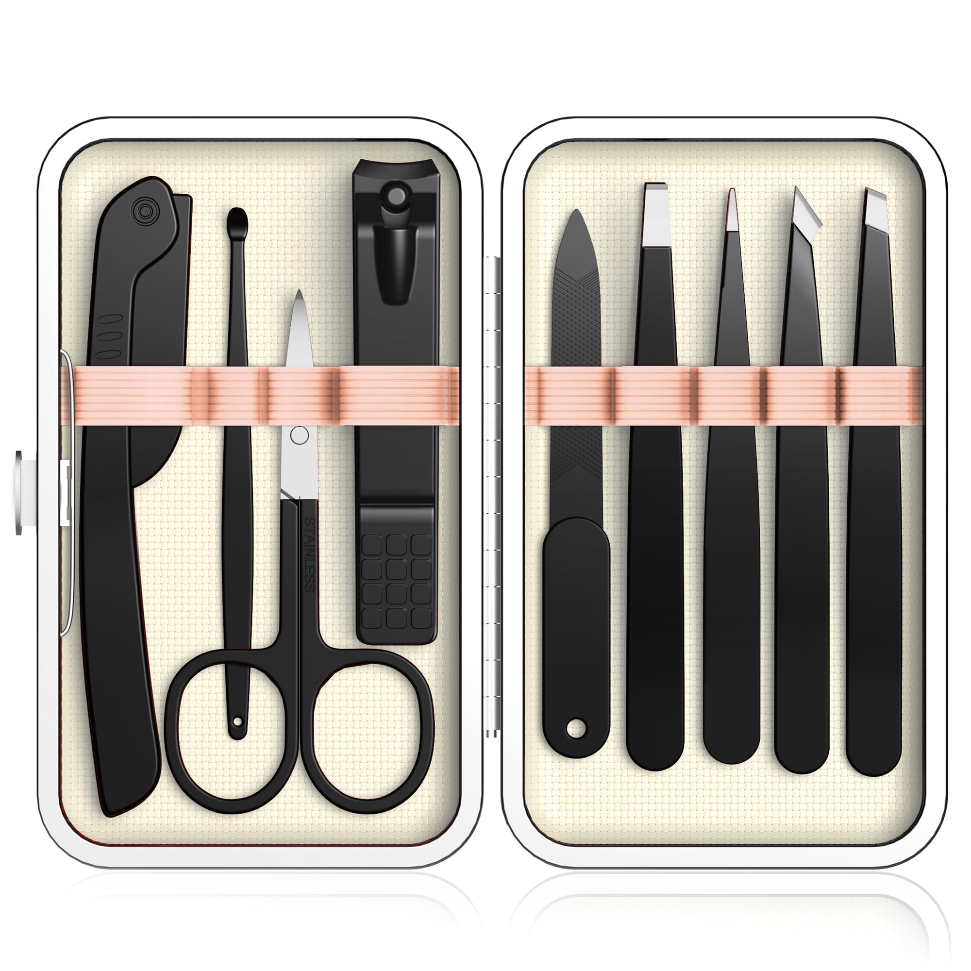 Yougai Tweezers Set,9 Pcs Professional Stainless Steel Nail Clippers and Tweezer Kit for Women and Men, Great Precision Tweezers No Gaps with Leather Travel Case