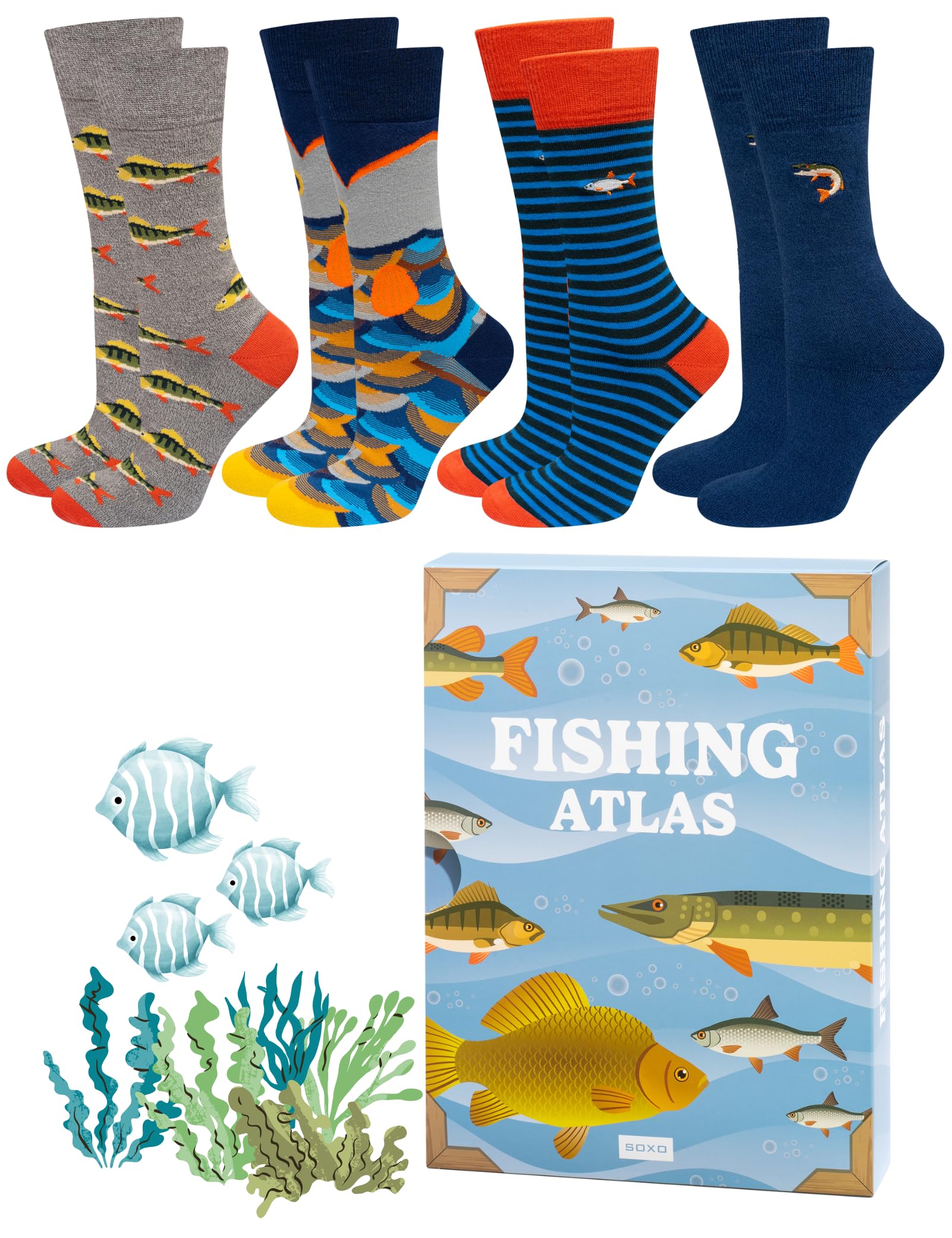soxo Fisherman Socks Men Funny Mens Gifts Cotton Sock Gift Men's Presents Angler Fish 6.5-10.5 Fishing Atlas 4 Pairs
