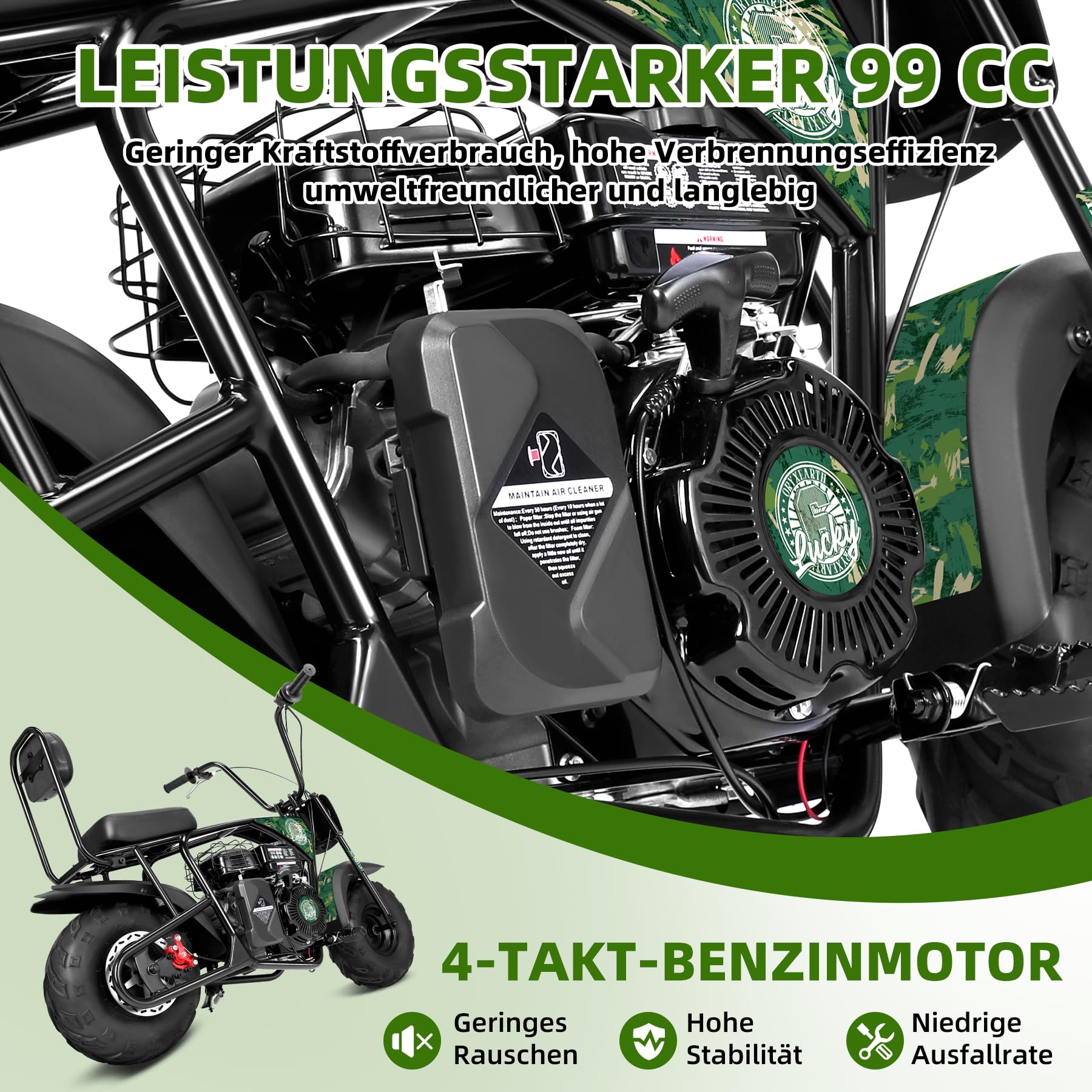 Oryxearth 99CC 4-Tempi Dirt Bike Pocket Bike, Moto da Cross per Bambini Benzina, Ruota Offroad a Larghezza, Moto da Cross per Bambini, Moto da Motocross, Adesivi Fai-da-Te Mini Moto dai 13 Anni (Verde