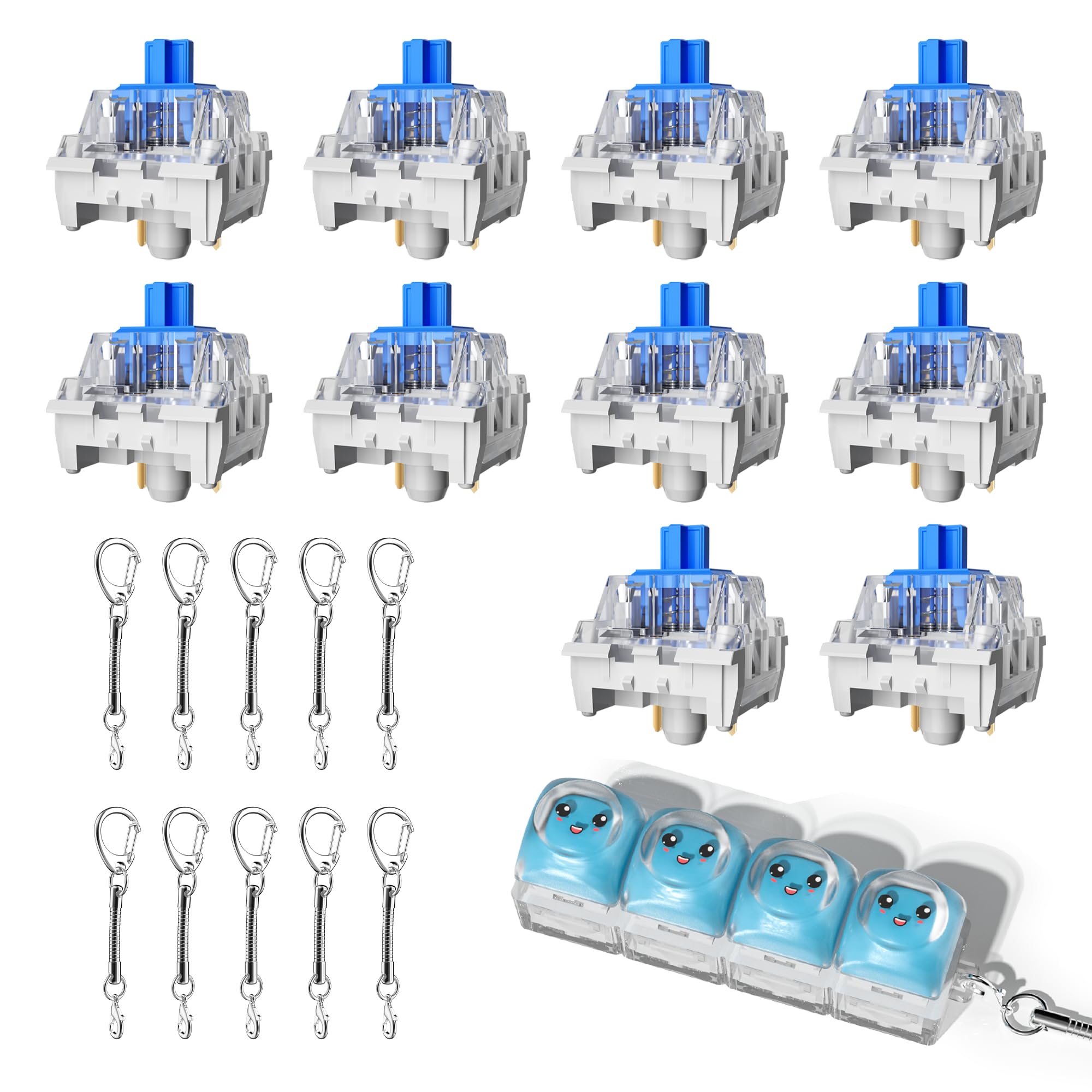 Zhouwang 200 Pcs Blue Clicky Switches,Extra 10 Keychains &amp; 1 Fidget Toy