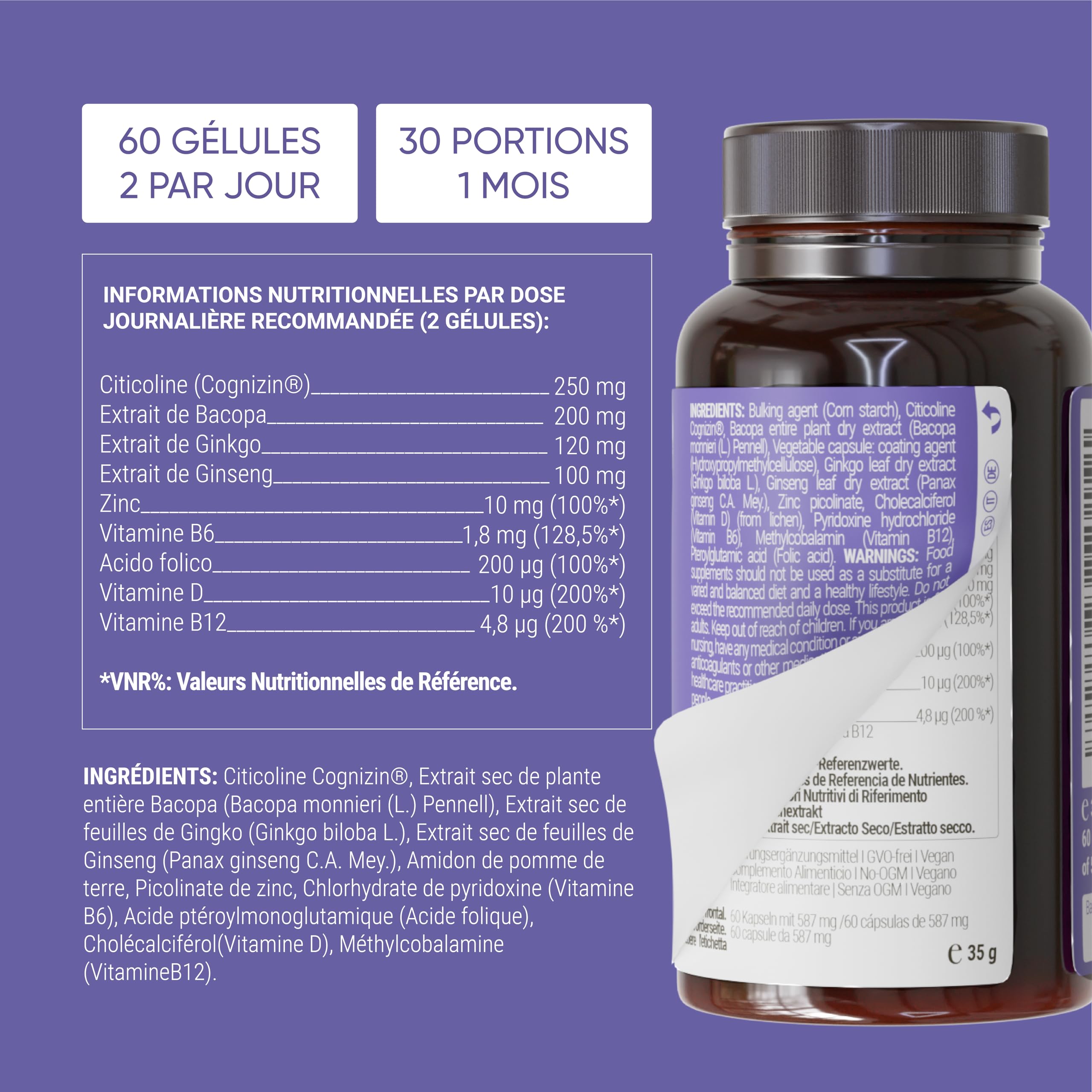 Nullure Nootropique Mémoire et Concentration | Stimulant Cognitif · Énergie · Vivacité Mentale | Citicoline COGNIZIN + Ginkgo Biloba 6000mg + Bacopa Monnieri + Ginseng + Zinc | Sans Caféine | 60 cps.
