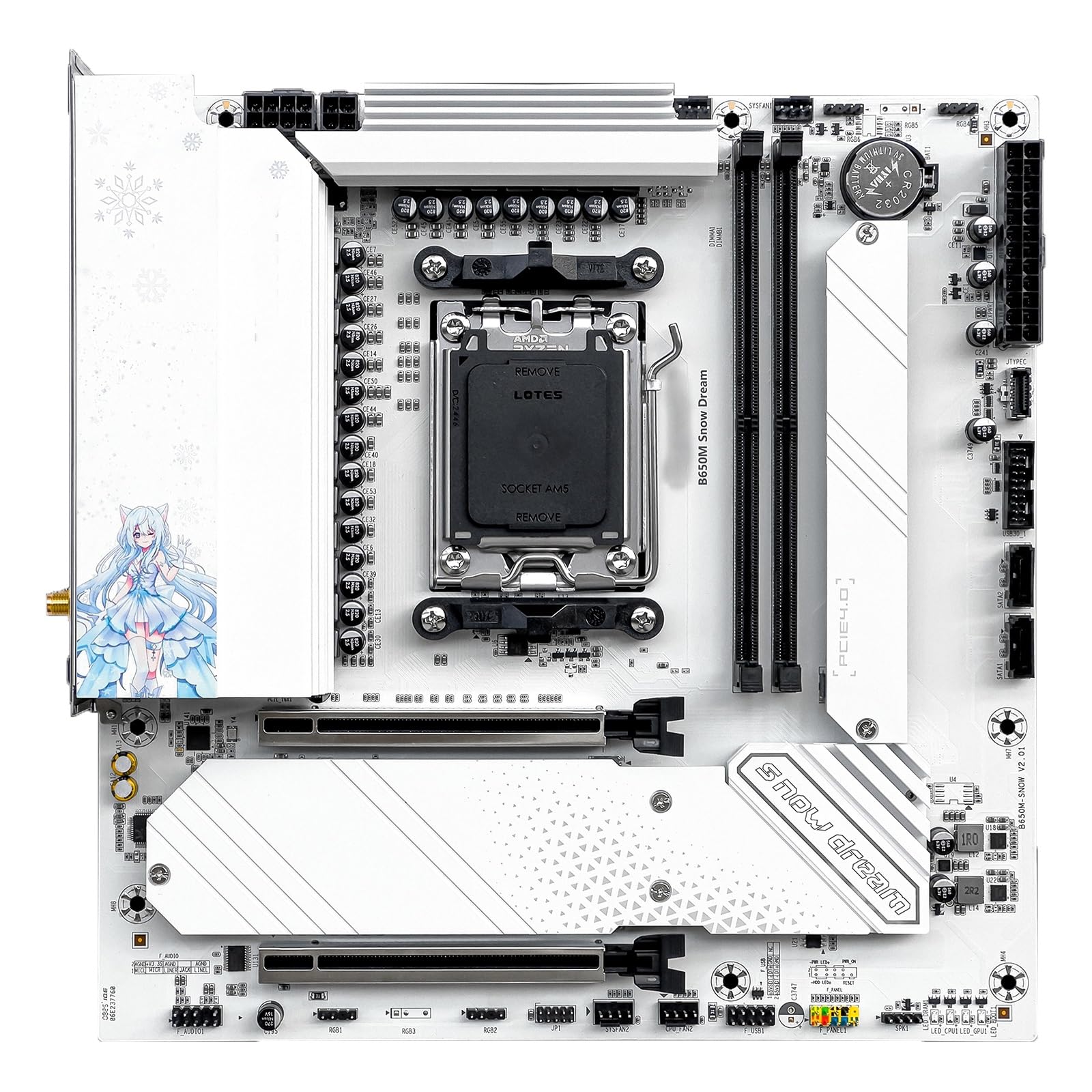 Carte Mere Fit for JGINYUE B650M Snow Dream WiFi Carte mère M-ATX for Ryzen7000/8000/9000 série Max 9800X3D/9950X3D DDR5 RAM PCIe4.0x16 * 2 M. 3