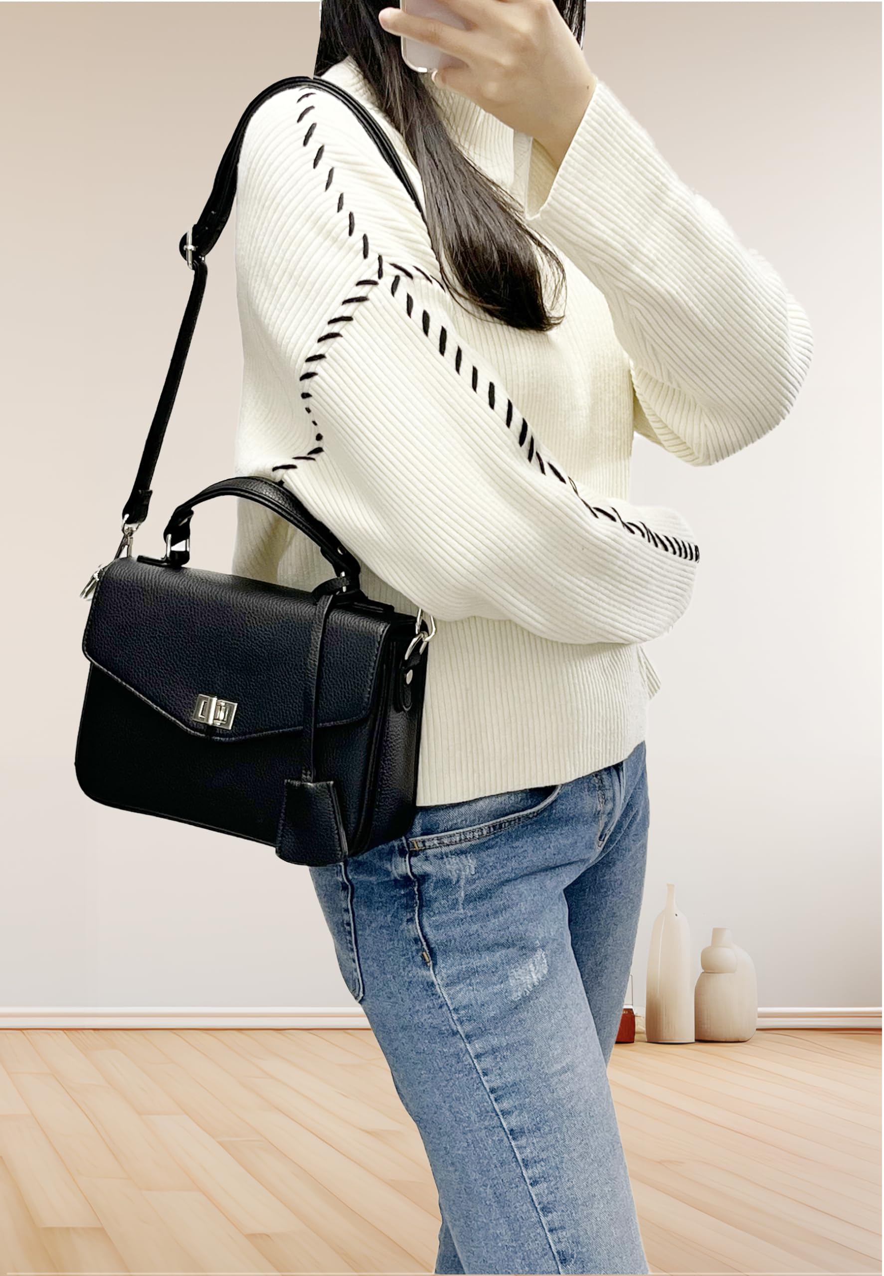FLORA CO PARIS Sac A Main avec Bandoulière pour Femme - Sacoche A Tourniquet en Similicuir Grainé - Besace Cartable Ville Taille Moyen - Elégant Tendance