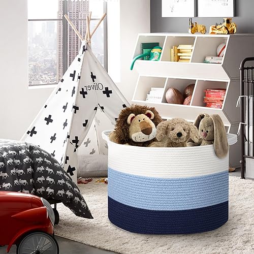 Miniatura 3 de Cesta grande de juguetes para niños, cesta de cuerda de algodón suave de 22 x 14 pulgadas, contenedores organizadores de almacenamiento de juguetes