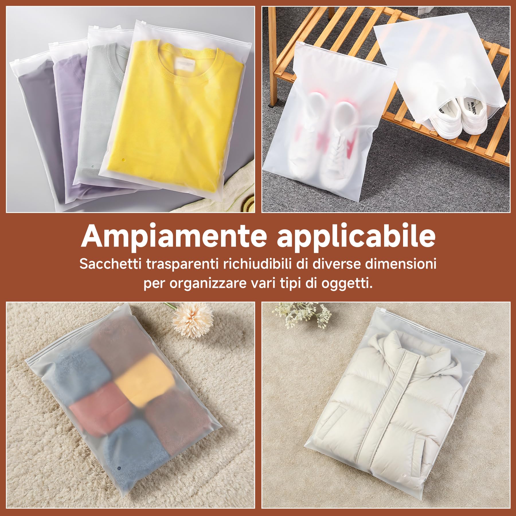 20 Pezzi Sacchetti con Zip 40x50cm, Borse Portaoggetti Grandi in Plastica Smerigliata per Vestiti, Maglioni, Cappotti e Giacche, Organizer da Viaggio Riutilizzabili e Salvaspazio