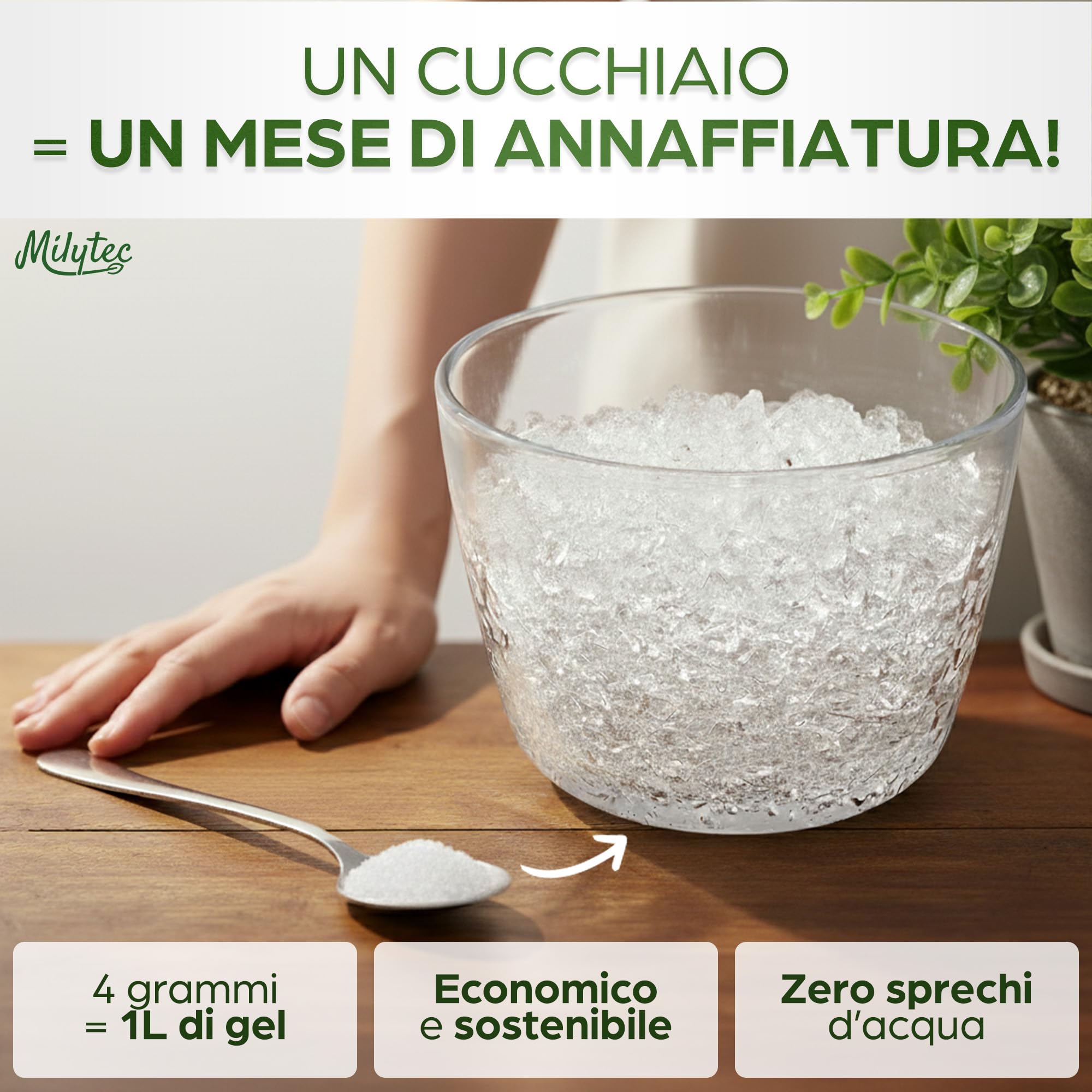 MILYTEC® Acqua Gel per Piante 1kg - per Riserva Acqua Terreno - Idratazione Prolungata per Vasi e Giardini Indoor e Outdoor - Assorbimento Rapido e Rilascio Graduale