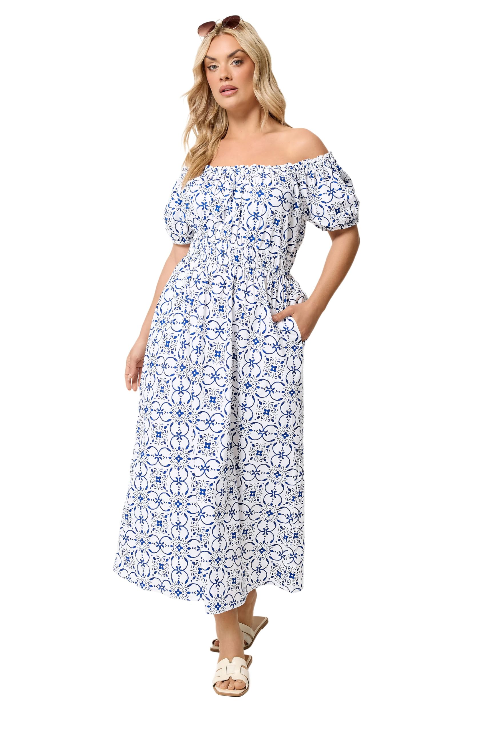 Yours Women's White Floral Poplin Bardot Dress In | Size: 30-32