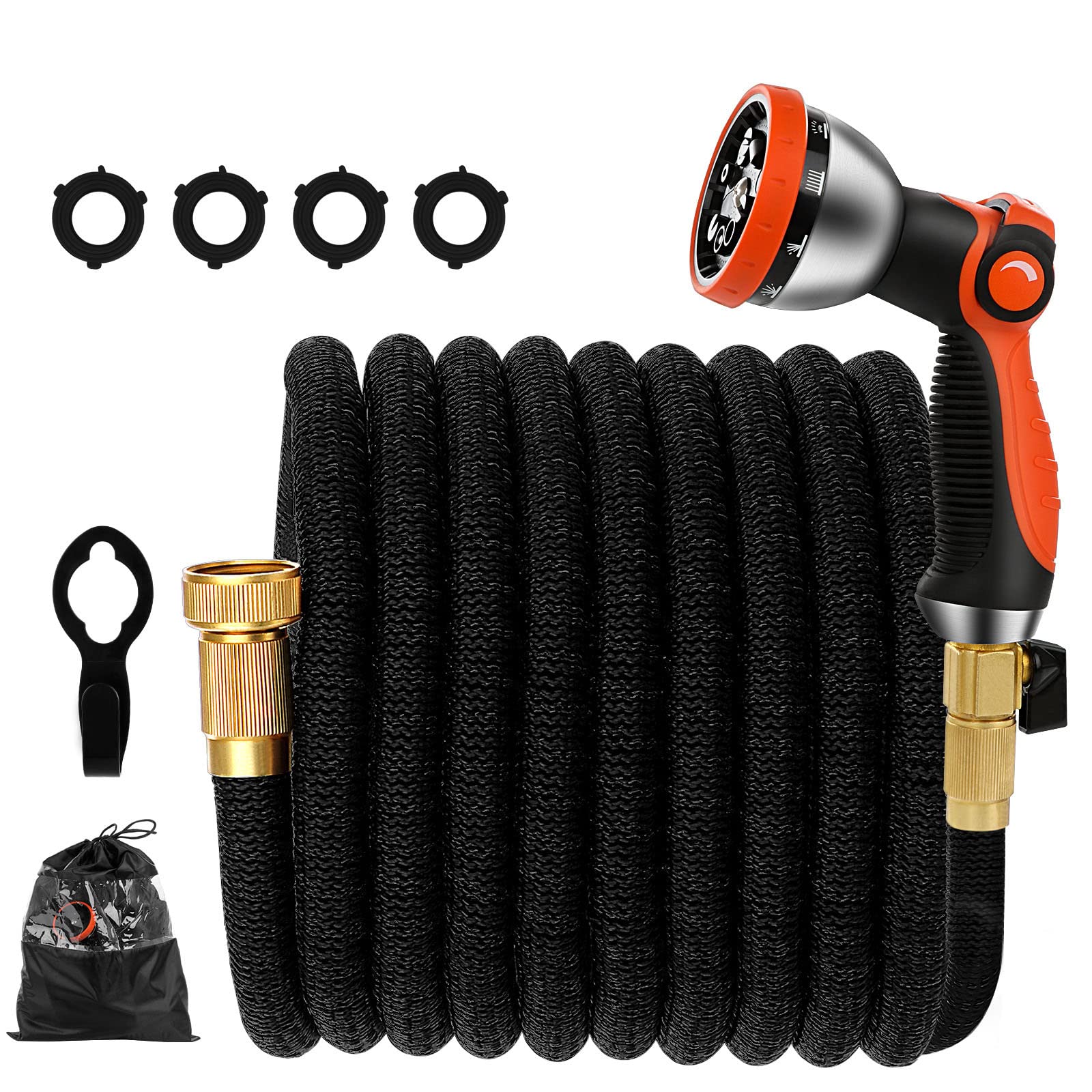 30M/100Ft Manguera De Agua De Jardín Expandibles Flexible con Pistola Pulverizadora De 10 Funciones, Núcleo De Látex Cuatro Capas, Conector Cobre Puro 3/4", Gancho De Metal, para Riego Césped