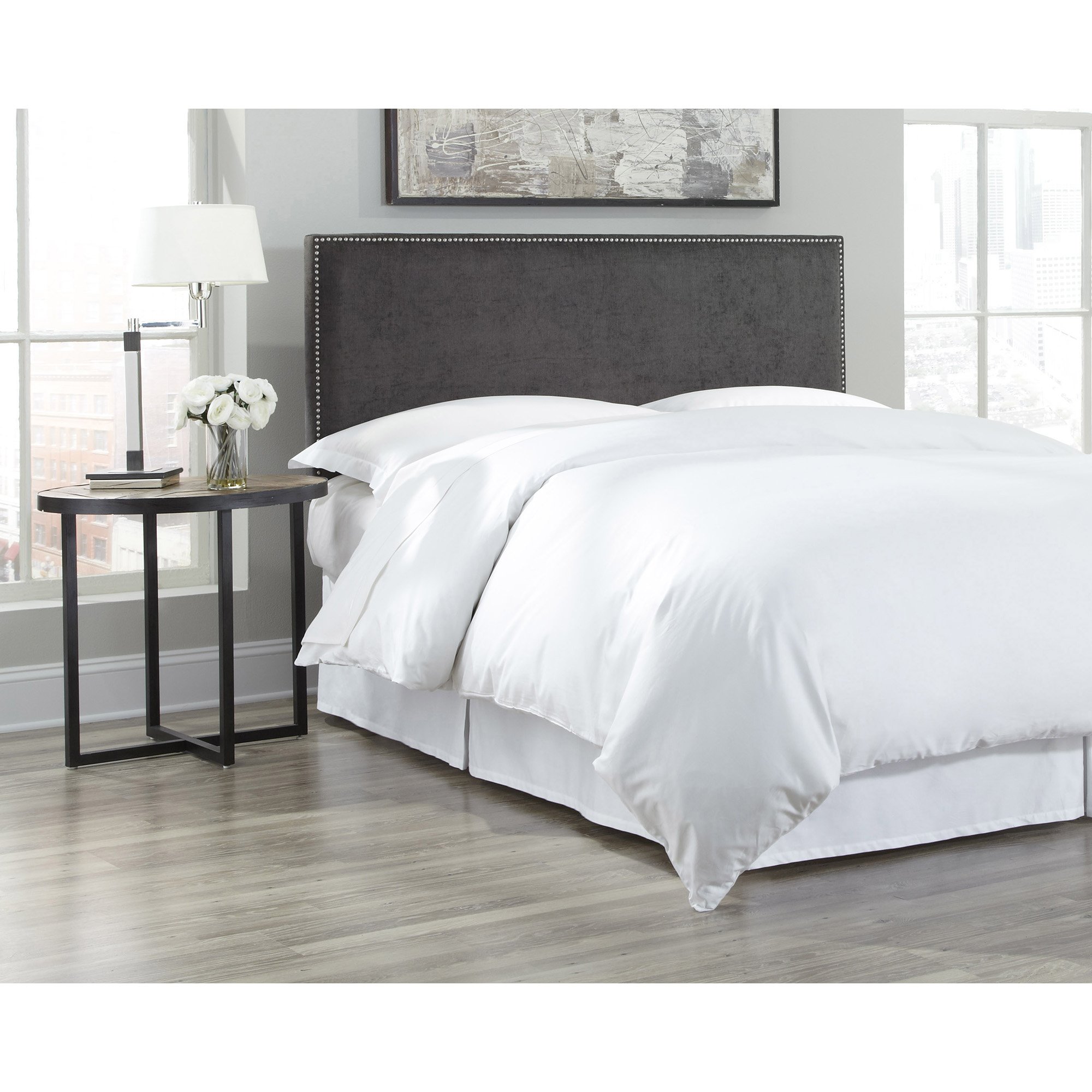 Fashion Bed Group Transitional Zurich Headboard Panel with Hand Applied Nailhead Trim, Full/Queen, Pewter Finish