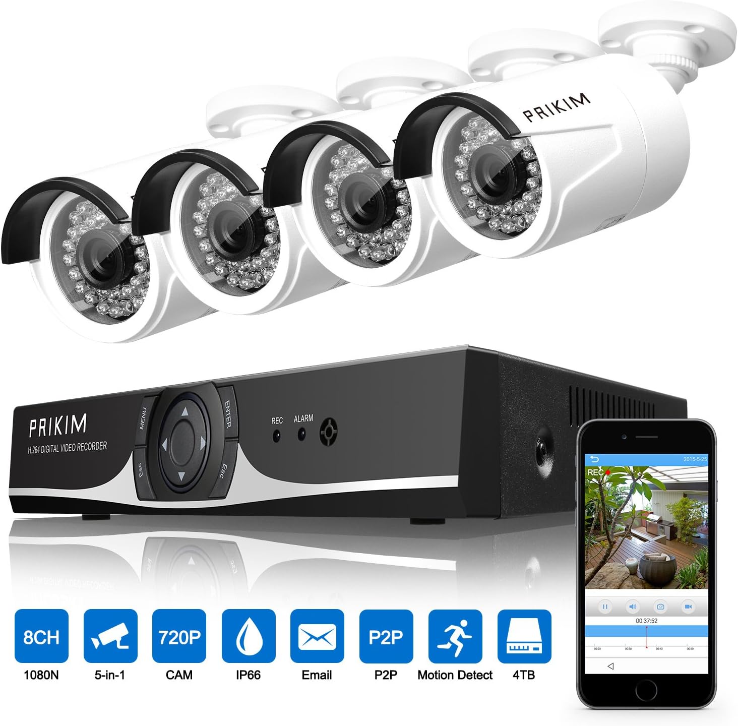PRIKIM E3 5-in-1 8CH Camera Security System, 1080N HDMI CCTV AHD TVI DVR and 4 x 1500TVL 1.0MP 720P Bullet Camera for Home Surveillance Monitoring