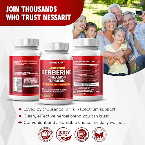Miniatura 8 de Berberina, canela, cúrcuma, melón amargo y gimnasia, ayuda a la salud cardíaca y metabólica - 180 cápsulas