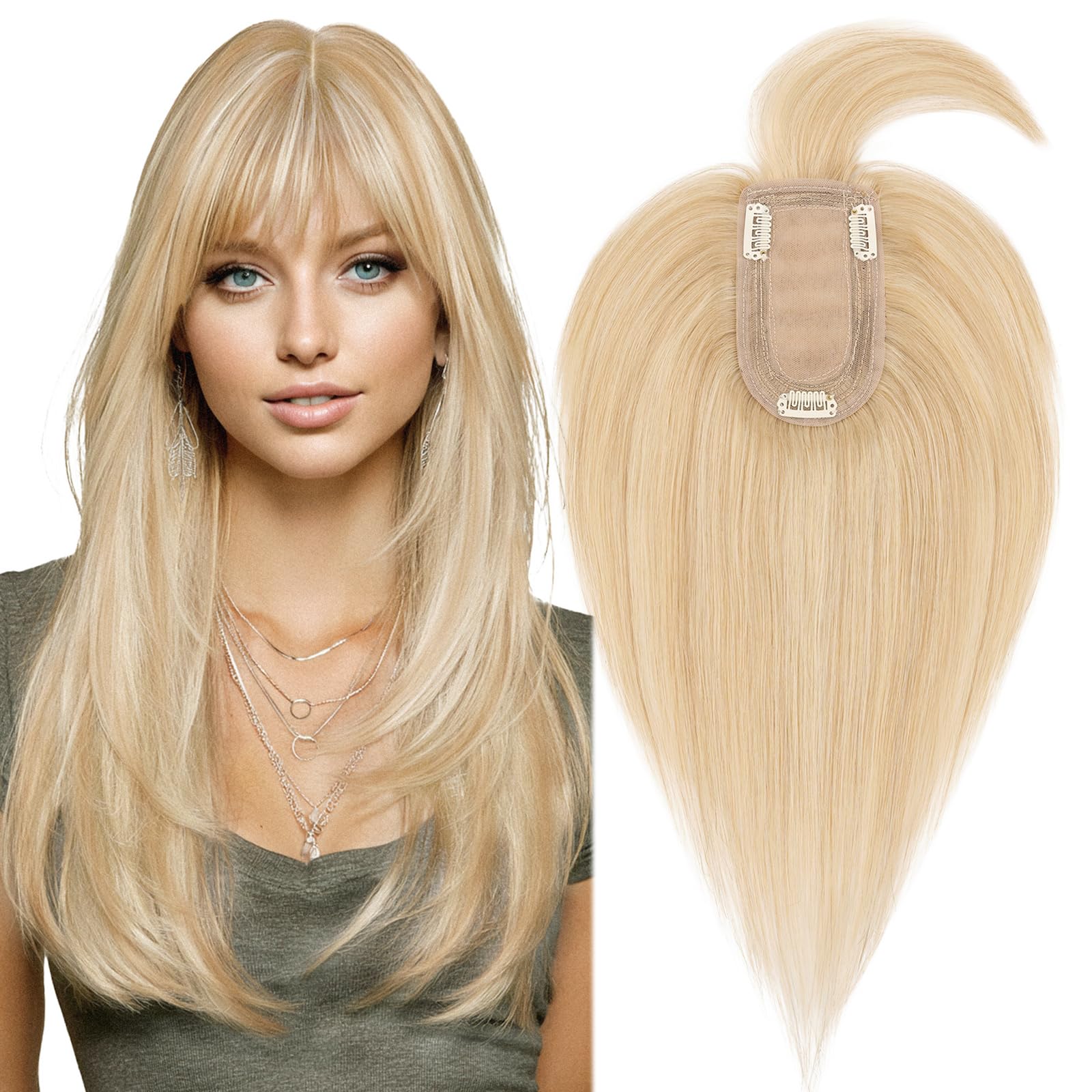 Photo 1 of MY-LADY Human Hair Toppers for Women Real Human Hair with Bangs Thin 7 * 13CM Silk Base with Lace Clip in Remy Hairpieces 150% Density 10 Inch Ash Blonde & Bleach Blonde