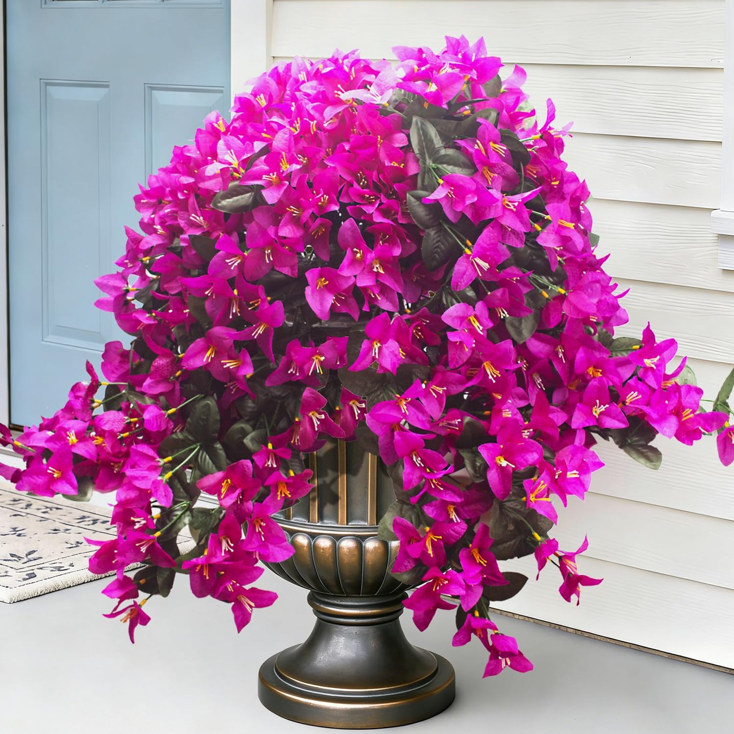 Grunyia Artificial Bougainvillea Flowers Outdoor UV Resistant, 4 Pcs Fake Silk Trailing Vines Realistic Faux Hanging Plants for Porch Patio Garden (Fuchsia)