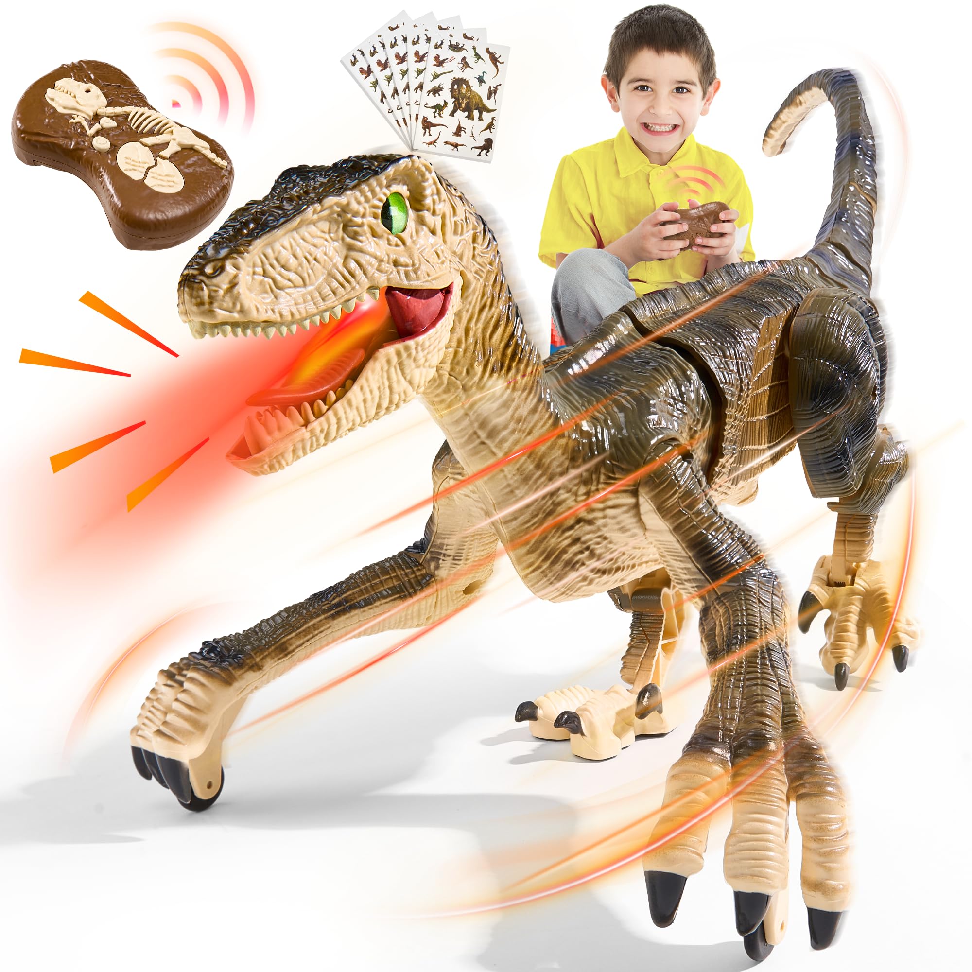 VigorFun Remote Control Dinosaur for Kids, Electronic RC Toys Velociraptor with 3D Eye Shaking Head &Roaring Sounds,Indoor Toys for 6+ Year Old Gifts(Brown)
