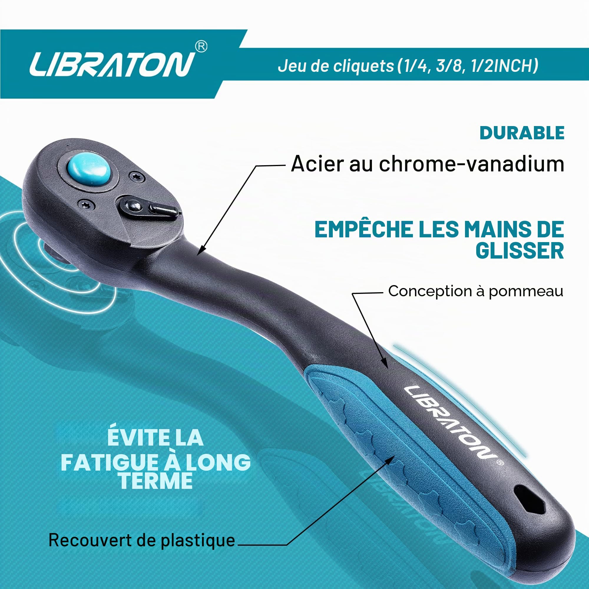 LIBRATON Clés à Cliquet Réversible Lot de 3 1/2" 3/8" 1/4" 72 Dents Dégagement Rapide